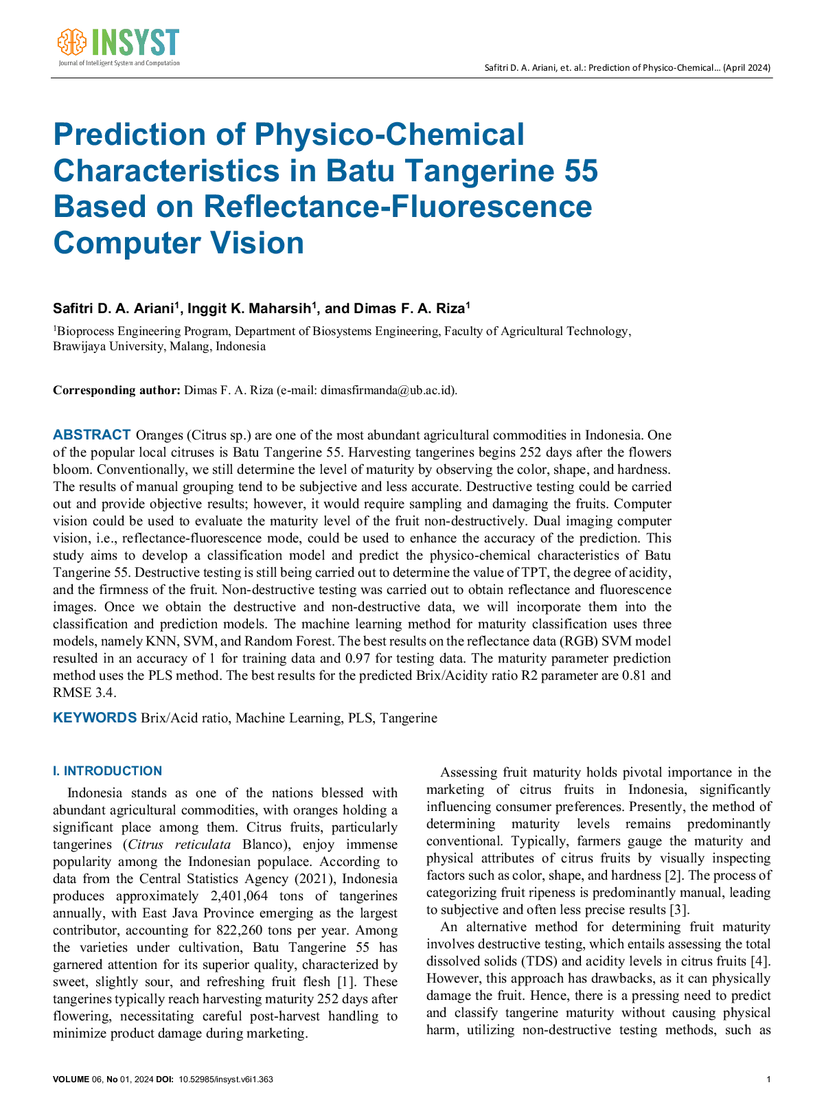 JURIS Prediction Of Physico Chemical Characteristics In Batu Tangerine 55 Based On Reflectance Fluorescence Computer Vision