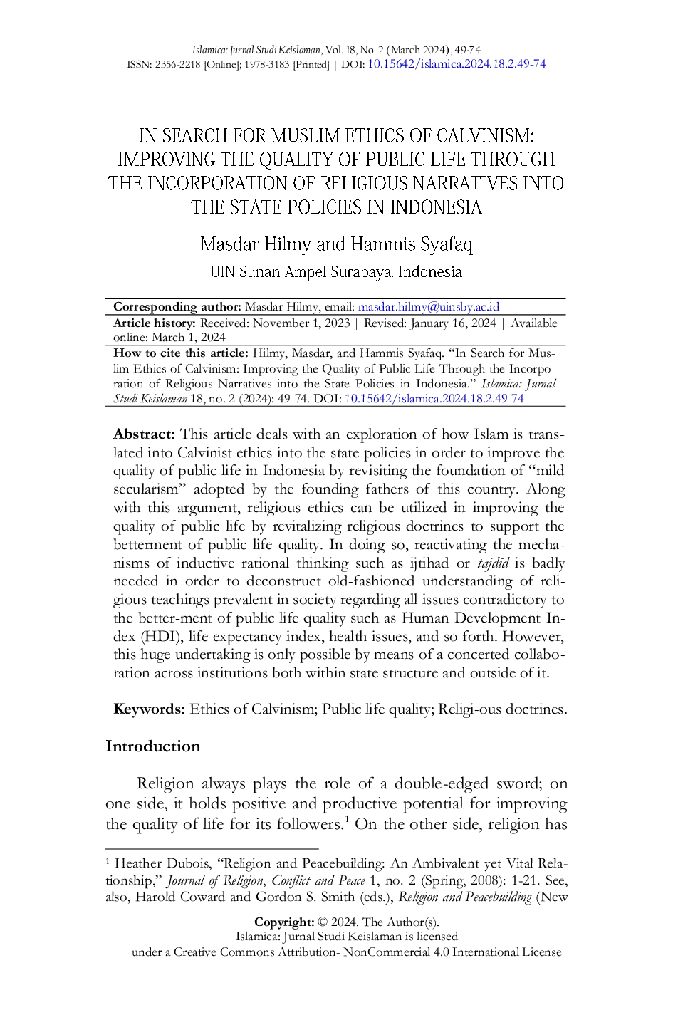 JURIS In Search For Muslim Ethics Of Calvinism Improving The Quality Of Public Life Through The Incorporation Of Religious Narratives Into The State Policies In Indonesia