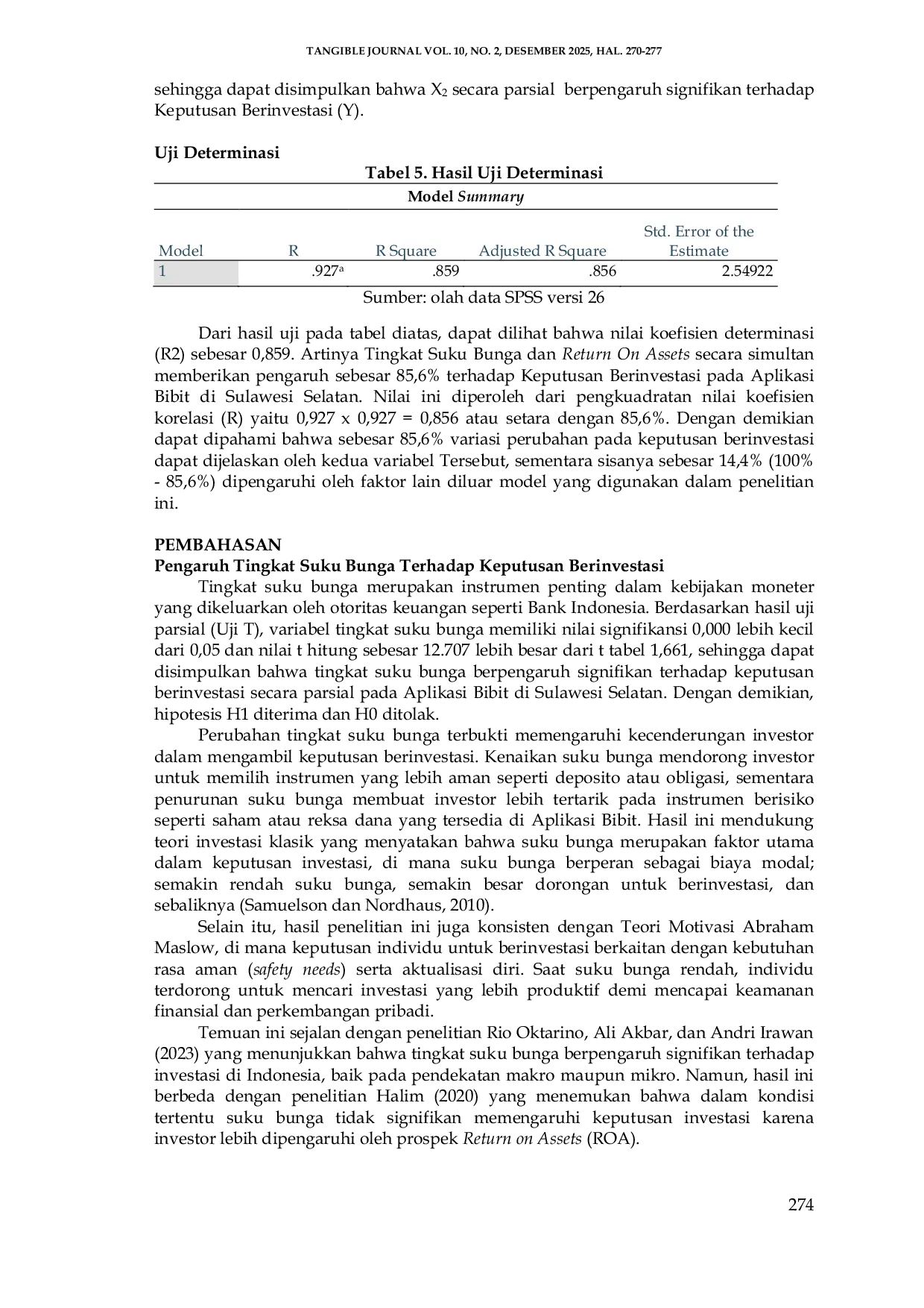 JURIS Pengaruh Tingkat Suku Bunga dan Return On Assets terhadap Keputusan Berinvestasi pada Aplikasi Bibit di Sulawesi Selatan