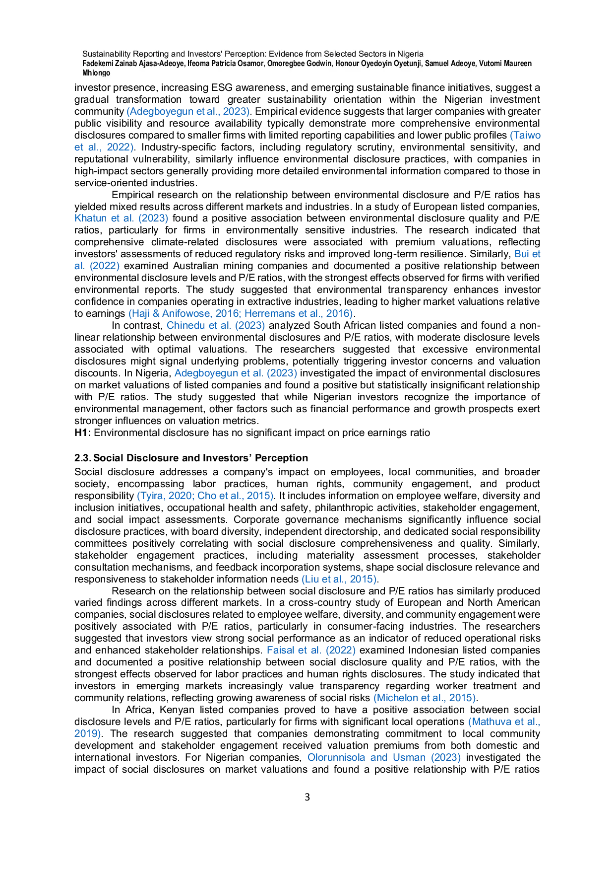 JURIS Sustainability Reporting and Investors Perception Evidence from Selected Sectors in Nigeria