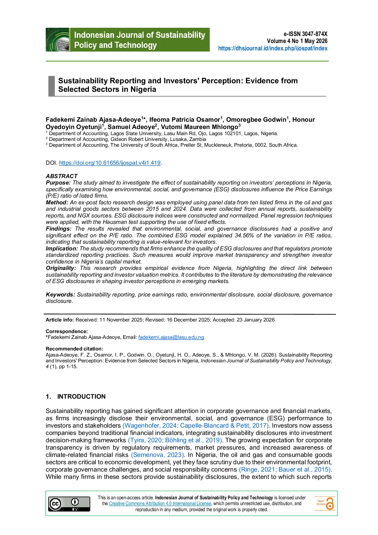 JURIS Sustainability Reporting and Investors Perception Evidence from Selected Sectors in Nigeria