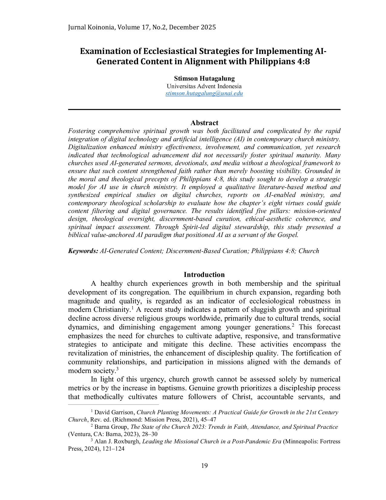 JURIS Examination Of Ecclesiastical Strategies for Implementing AI Generated Content In Alignment with Philippians 4 8