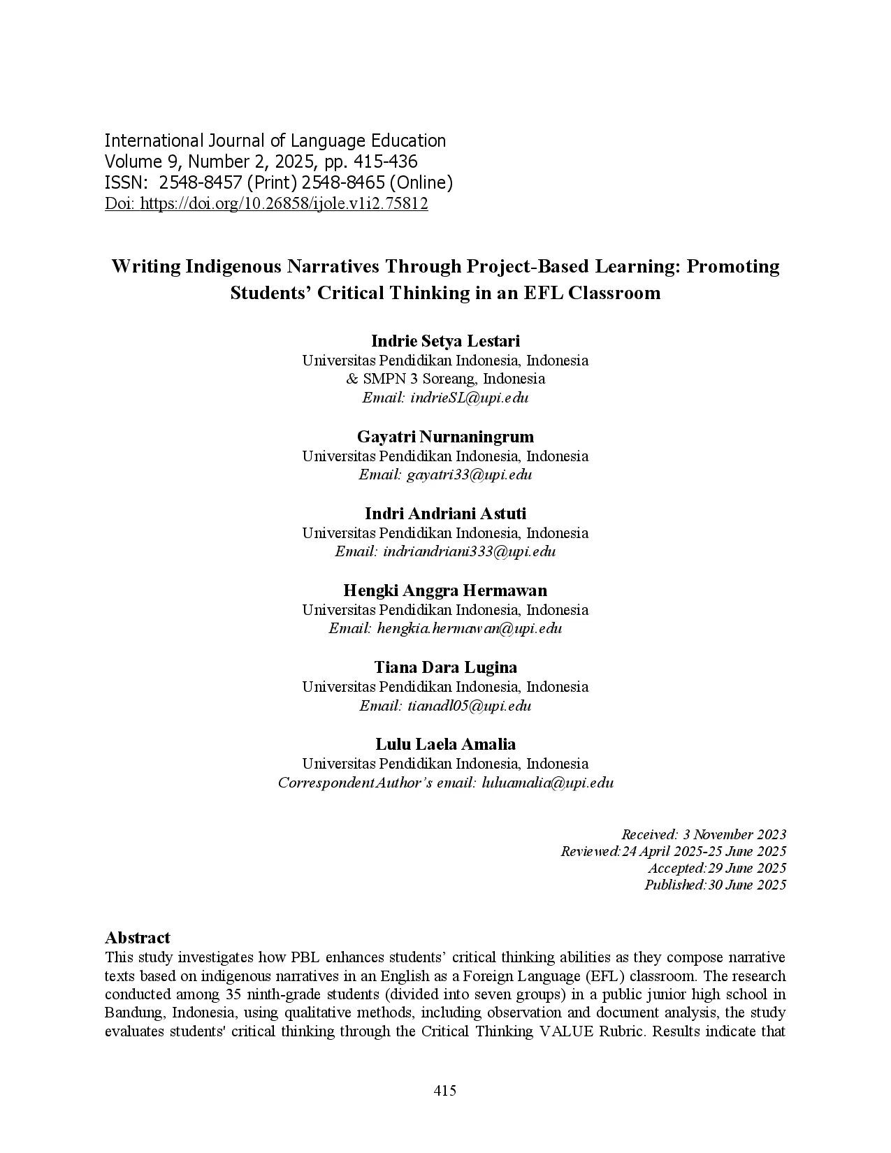 juris Writing Indigenous Narratives Through Project Based Learning Promoting Students Critical Thinking in an EFL Classroom