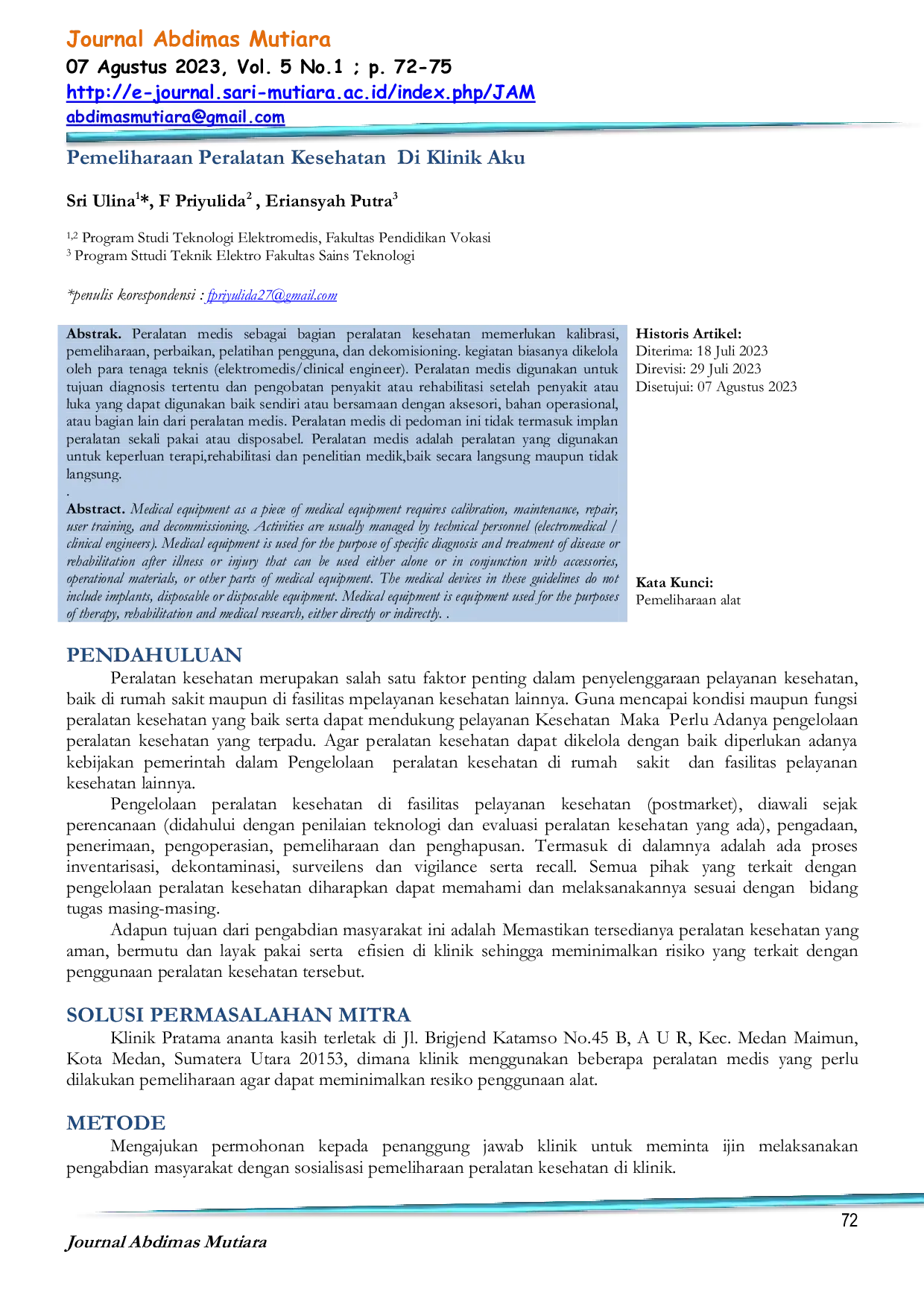 JURIS Pemeliharaan Peralatan Kesehatan Di Klinik Pratama Ananta Kasih