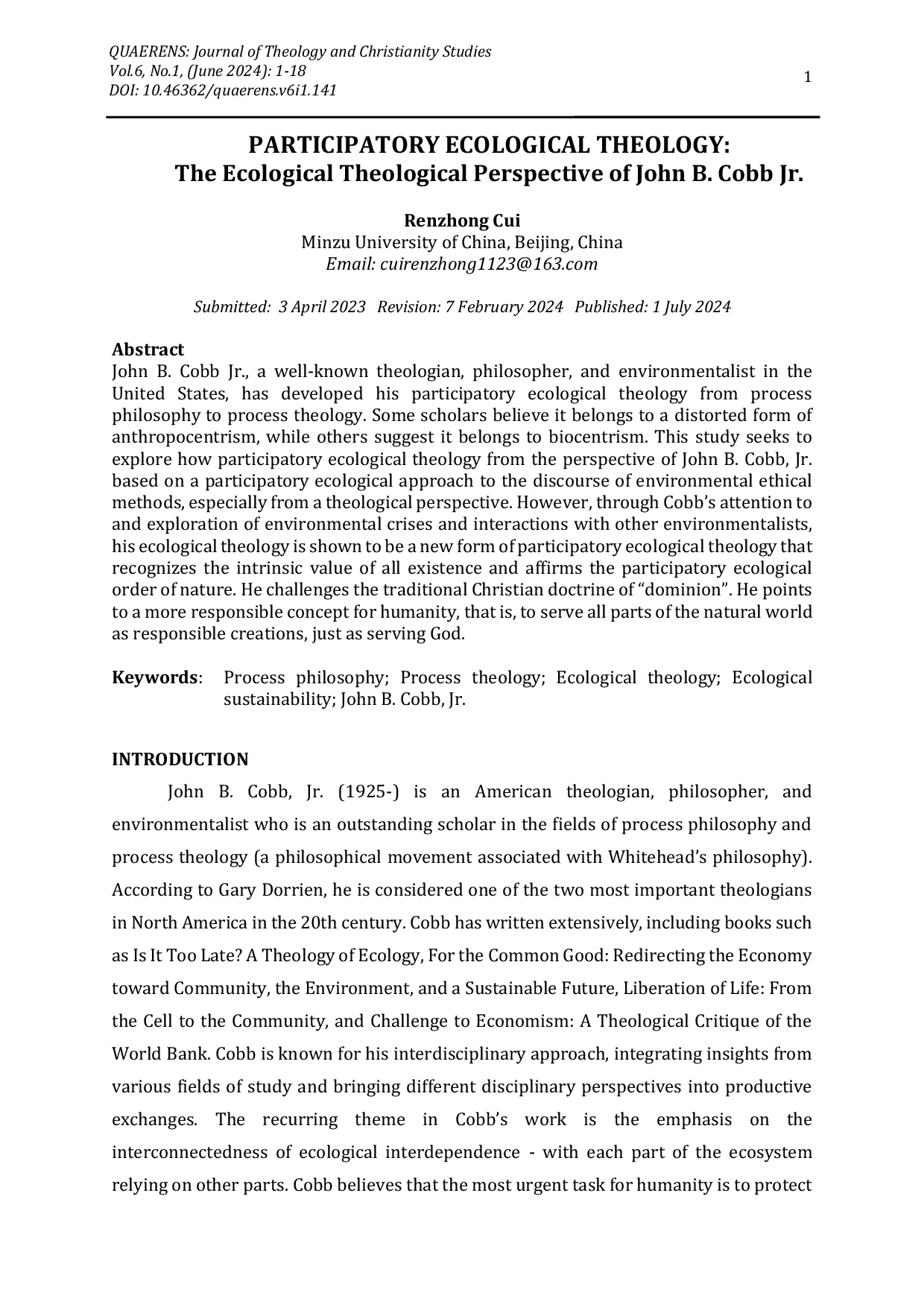 JURIS Participatory Ecological Theology The Ecological Theological Perspective of John B Cobb Jr