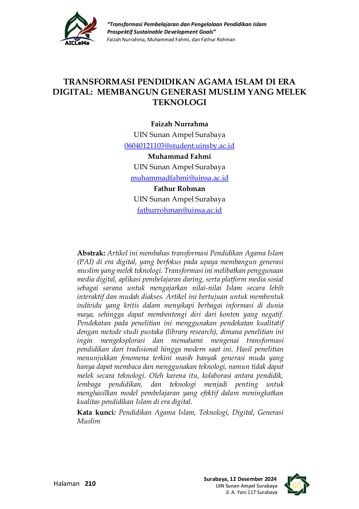 JURIS Transformasi Pendidikan Agama Islam Di Era Digital Membangun Generasi Muslim Yang Melek Teknologi