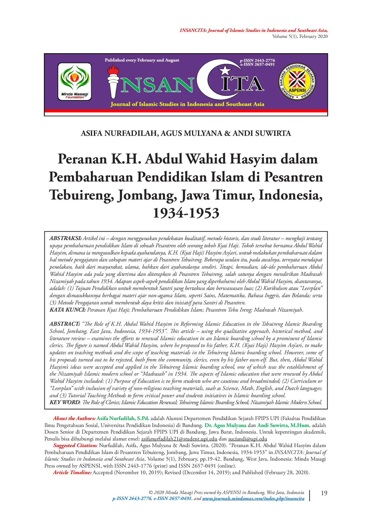 JURIS Peranan K H Abdul Wahid Hasyim dalam Pembaharuan Pendidikan Islam di Pesantren Tebuireng Jombang Jawa Timur Indonesia 1934 1953