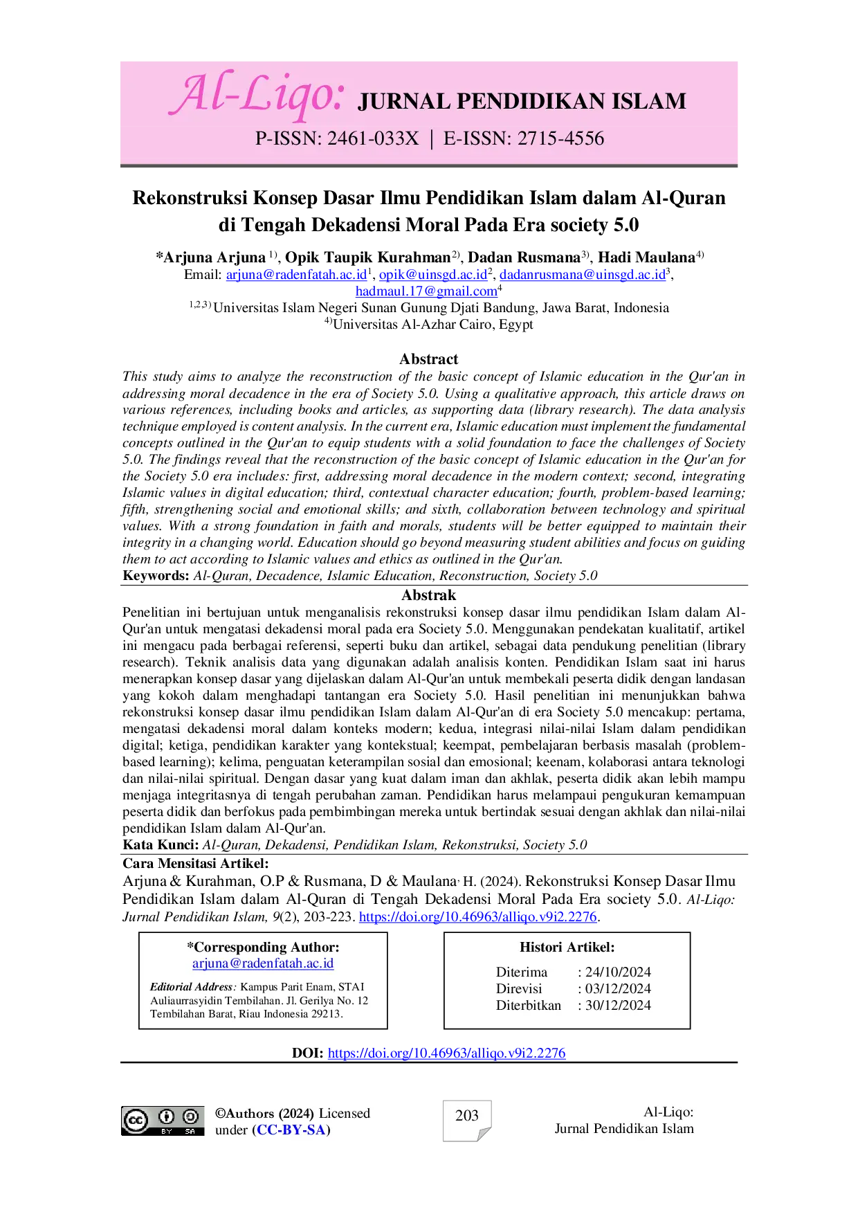 JURIS Rekonstruksi konsep dasar ilmu pendidikan Islam dalam Al Quran di tengah dekadensi moral pada era society 5 0