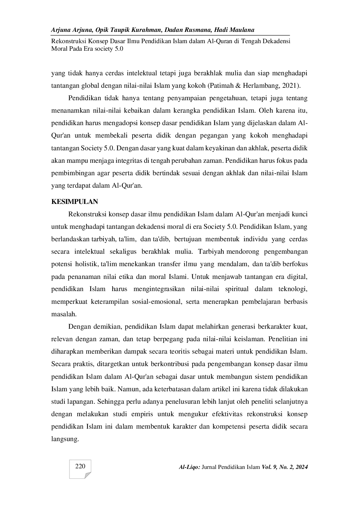 JURIS Rekonstruksi konsep dasar ilmu pendidikan Islam dalam Al Quran di tengah dekadensi moral pada era society 5 0