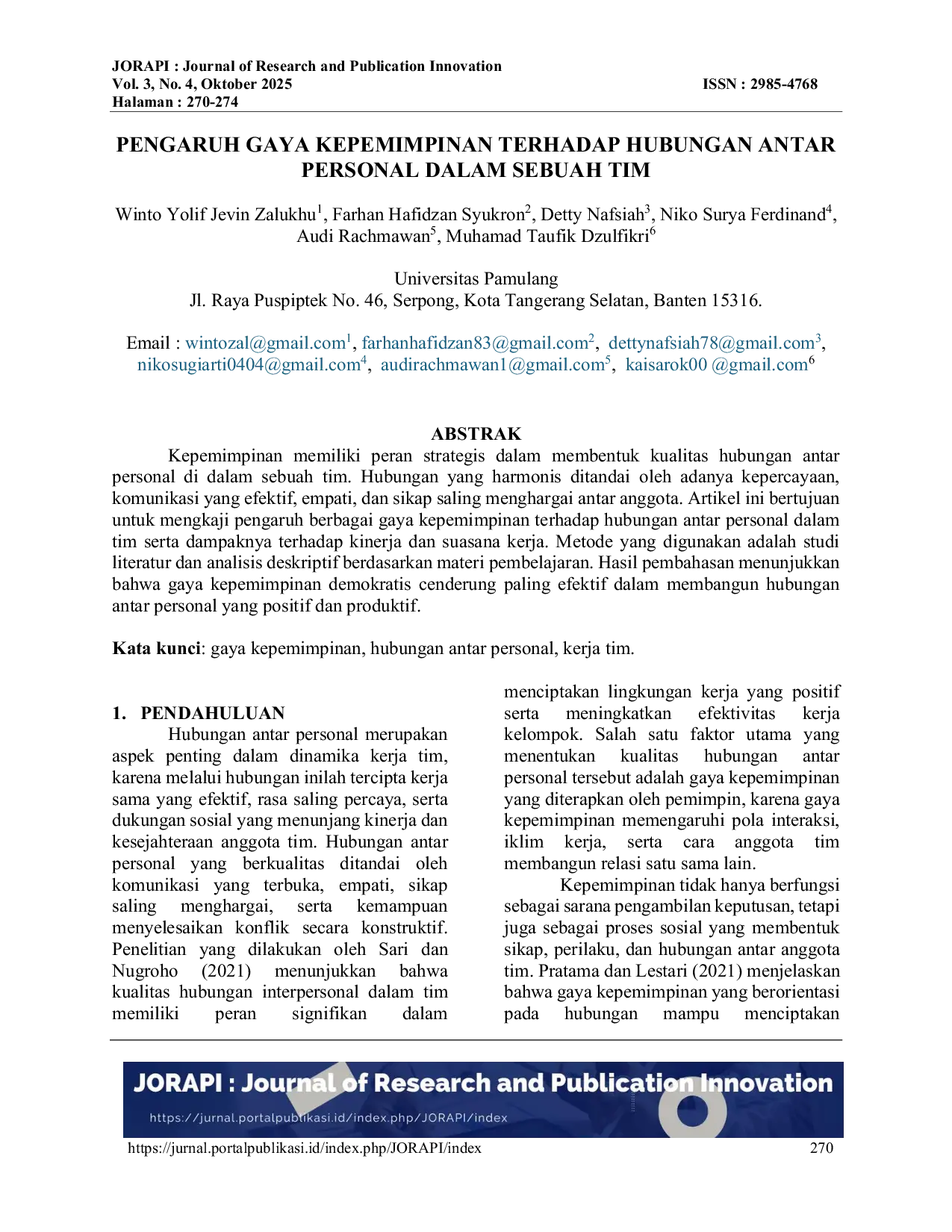 JURIS Pengaruh Gaya Kepemimpinan Terhadap Hubungan Antar Personal Dalam Sebuah Tim