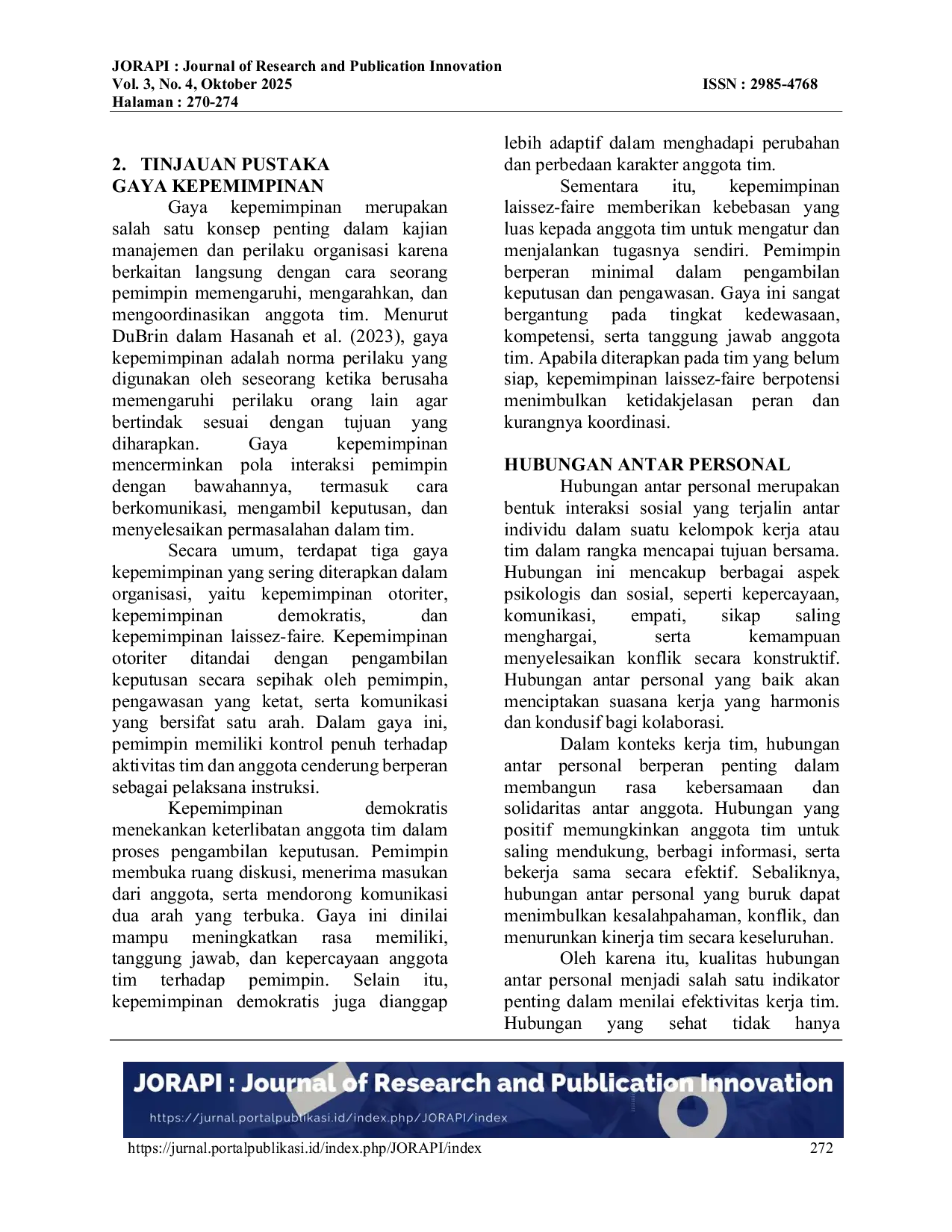 JURIS Pengaruh Gaya Kepemimpinan Terhadap Hubungan Antar Personal Dalam Sebuah Tim