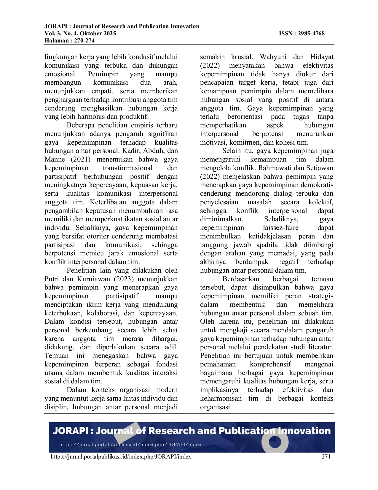 JURIS Pengaruh Gaya Kepemimpinan Terhadap Hubungan Antar Personal Dalam Sebuah Tim