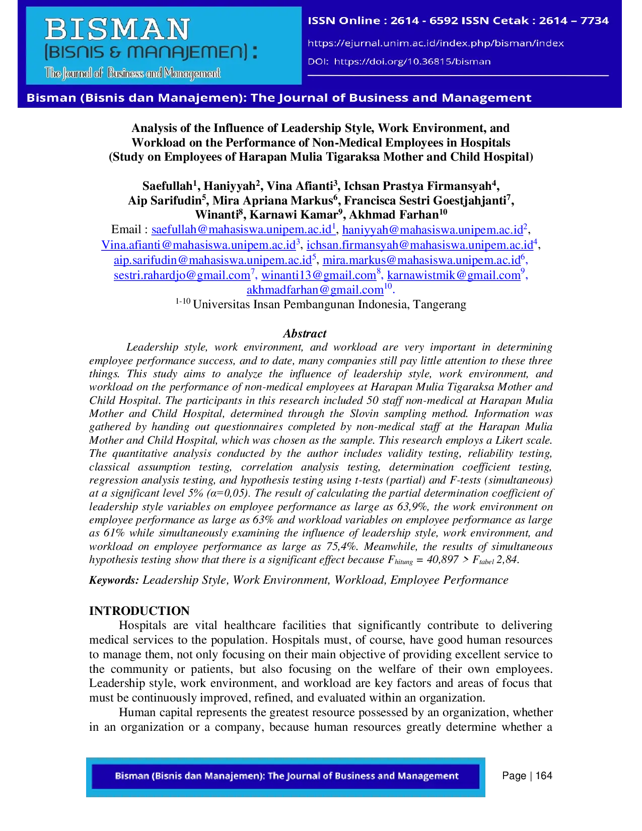 JURIS Analisis Pengaruh Gaya Kepemimpinan Lingkungan Kerja Dan Beban Kerja Terhadap Kinerja Karyawan Non Medis Di Rumah Sakit