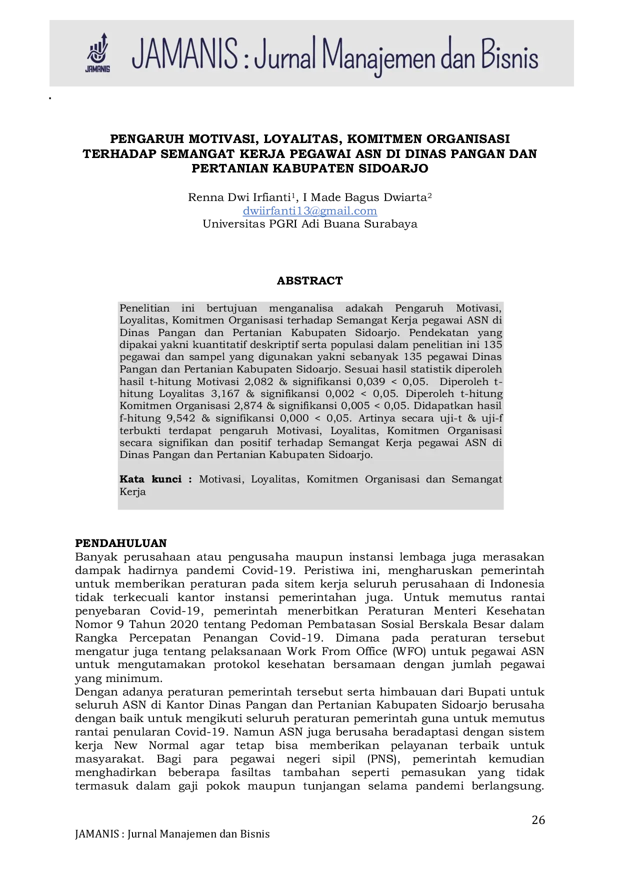 JURIS Pengaruh Motivasi Loyalitas Komitmen Organisasi Terhadap Semangat Kerja Pegawai ASN di Dinas Pangan dan Pertanian Kabupaten Sidoarjo