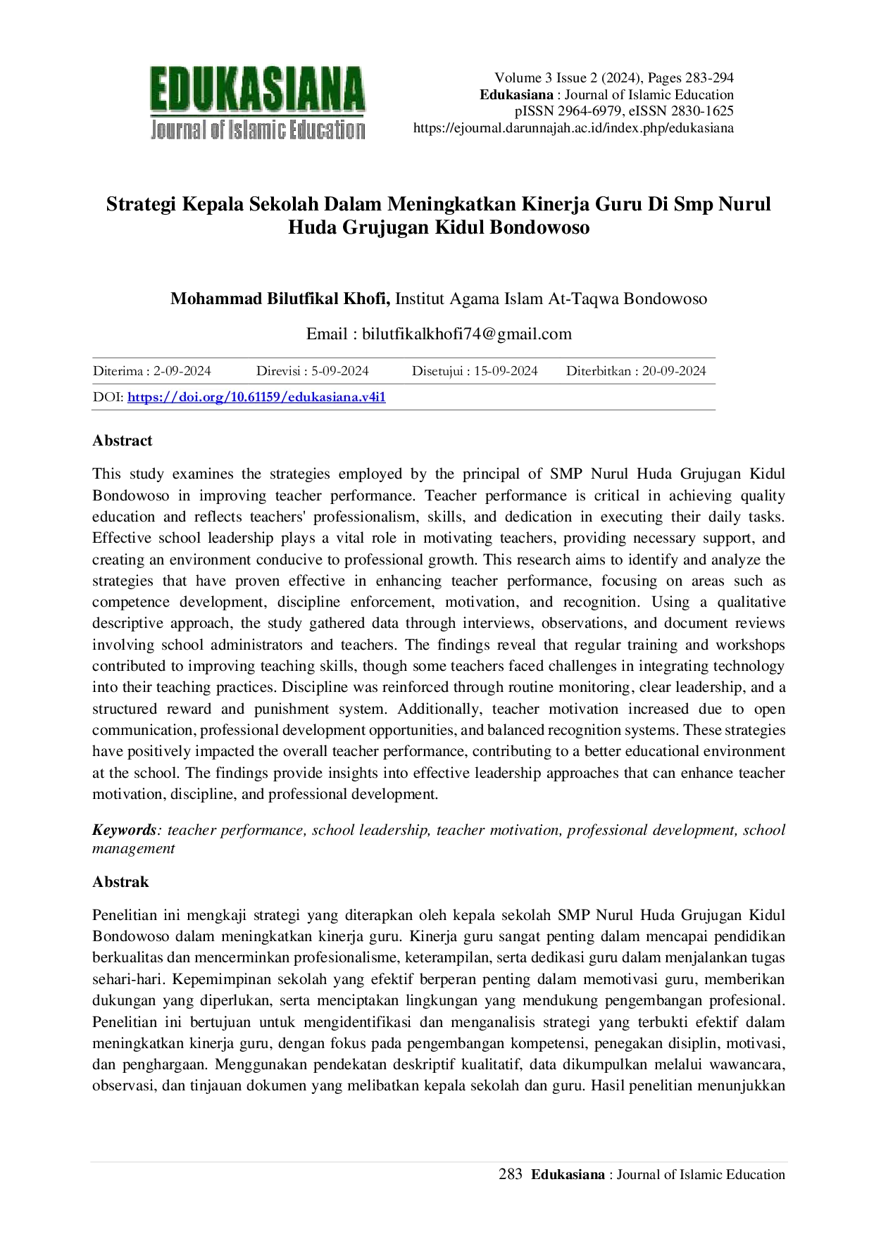 JURIS Principal s Strategy in Improving Teacher Performance at Nurul Huda Middle School Grujugan Kidul Bondowoso