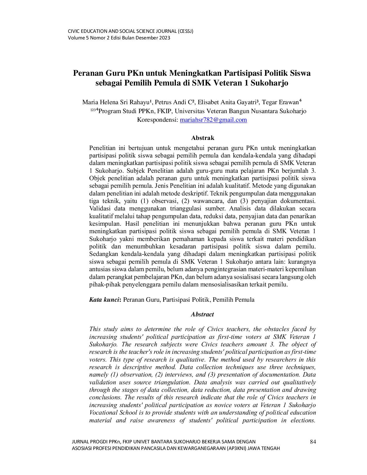 JURIS Peranan Guru PKn untuk Meningkatkan Partisipasi Politik Siswa sebagai Pemilih Pemula di SMK Veteran 1 Sukoharjo