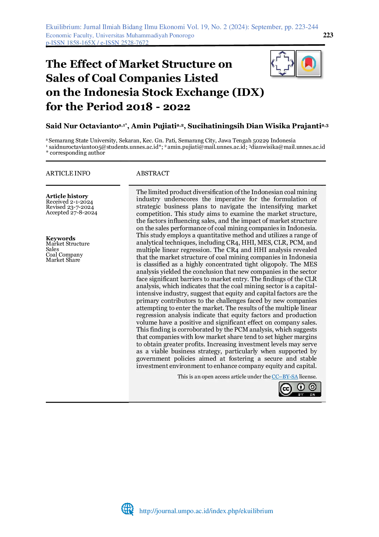 JURIS The Effect of Market Structure on Sales of Coal Companies Listed on the Indonesia Stock Exchange IDX for the Period 2018 2022