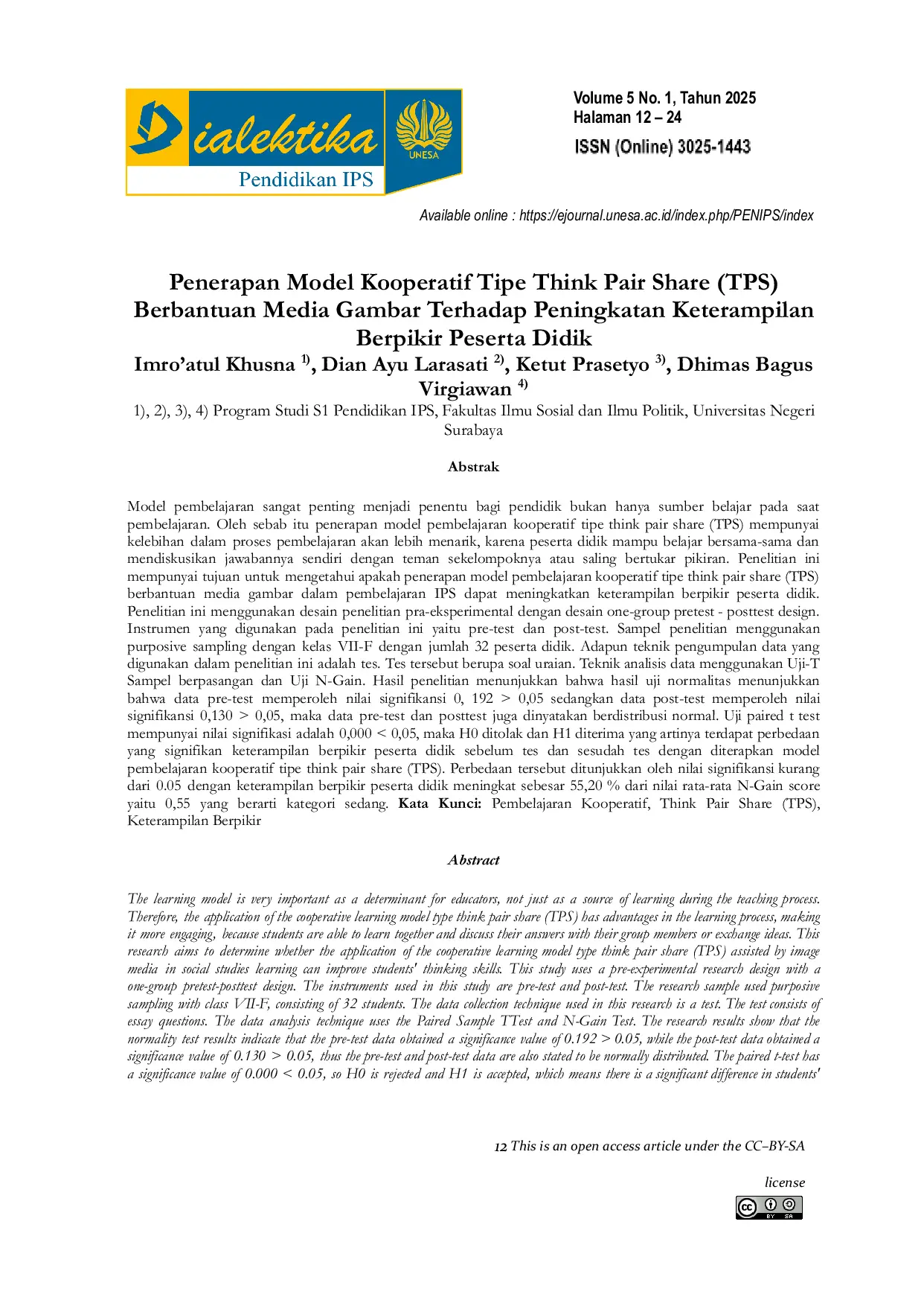 JURIS Penerapan Model Kooperatif Tipe Think Pair Share TPS Berbantuan Media Gambar Terhadap Peningkatan Keterampilan Berpikir Peserta Didik