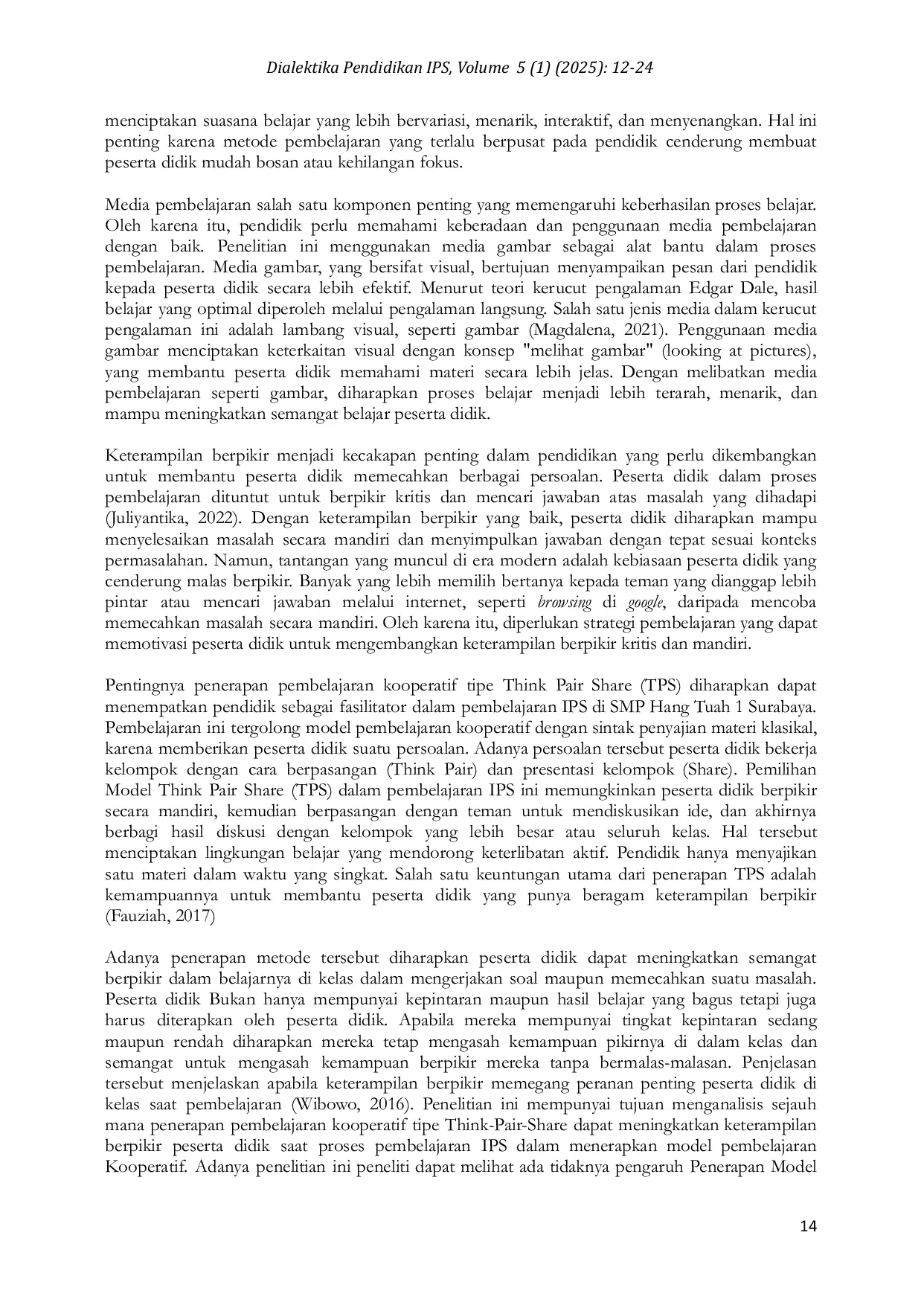 JURIS Penerapan Model Kooperatif Tipe Think Pair Share TPS Berbantuan Media Gambar Terhadap Peningkatan Keterampilan Berpikir Peserta Didik