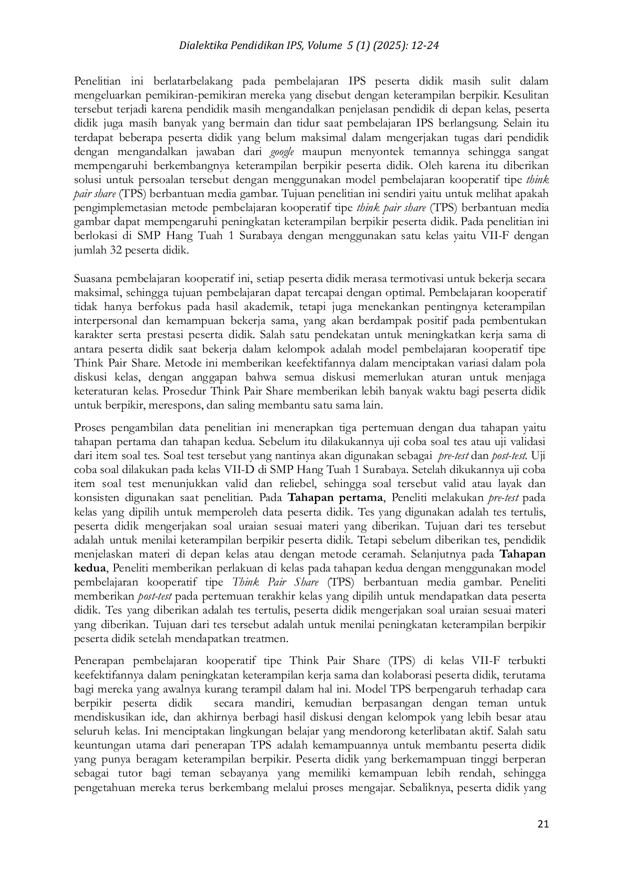JURIS Penerapan Model Kooperatif Tipe Think Pair Share TPS Berbantuan Media Gambar Terhadap Peningkatan Keterampilan Berpikir Peserta Didik