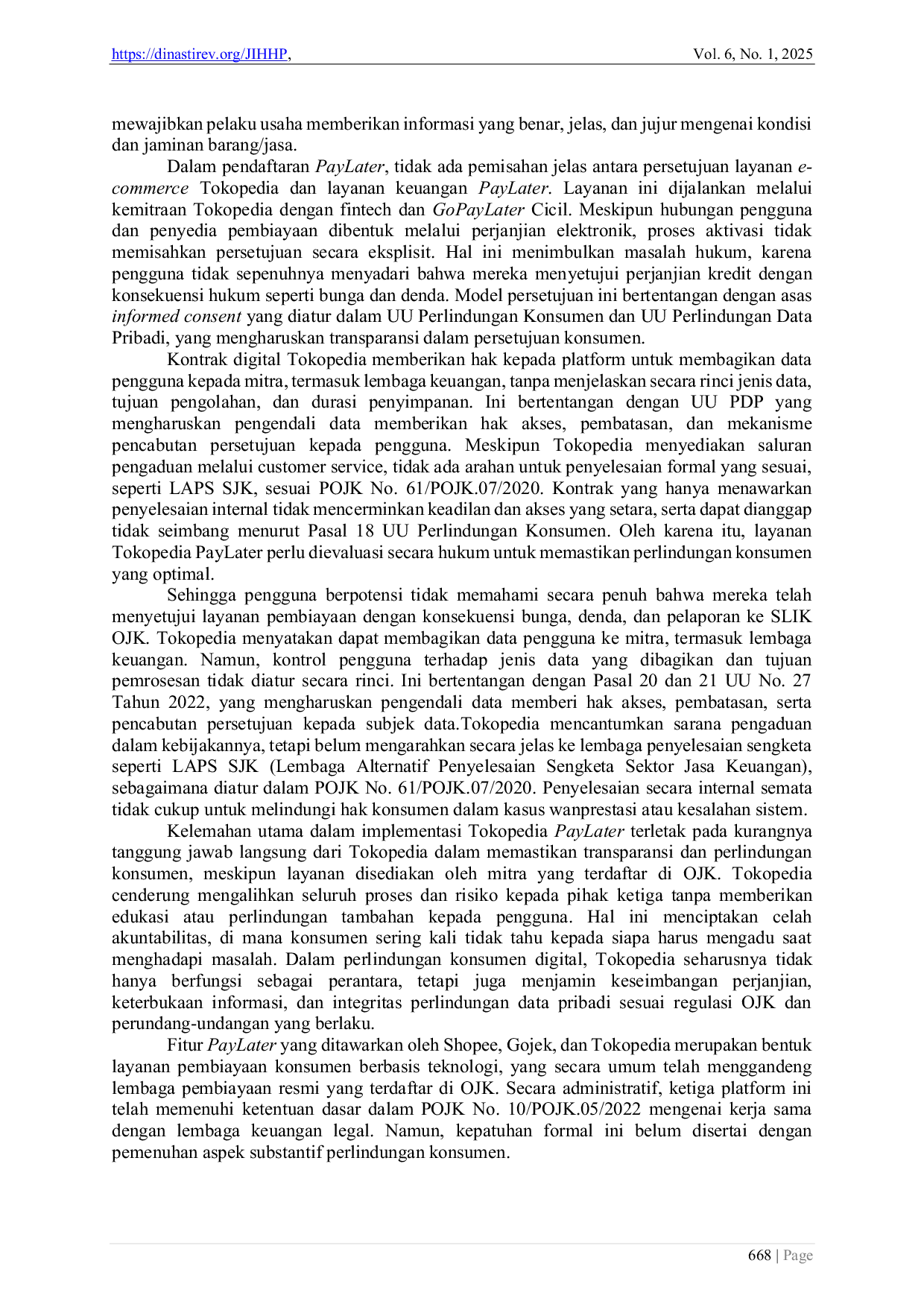 JURIS Perbandingan Regulasi Syarat dan Ketentuan pada Fitur PayLater di E Commerce yang sesuai Kebijakan OJK dan Undang Undang