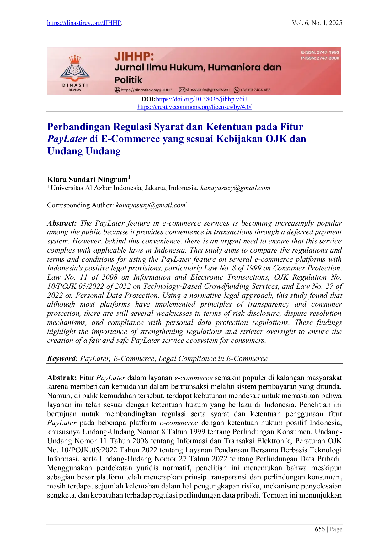 JURIS Perbandingan Regulasi Syarat dan Ketentuan pada Fitur PayLater di E Commerce yang sesuai Kebijakan OJK dan Undang Undang