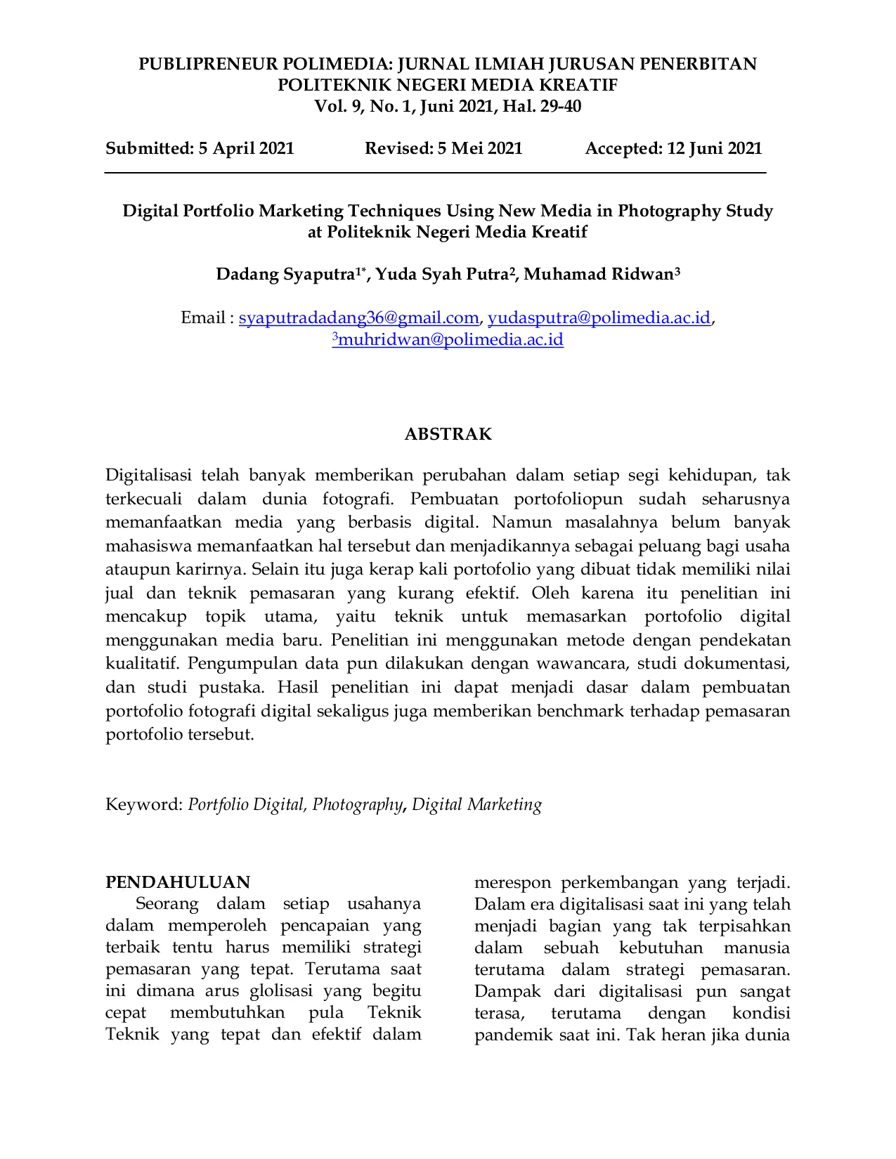 JURIS Digital Portfolio Marketing Techniques Using New Media in Photography Study at Politeknik Negeri Media Kreatif