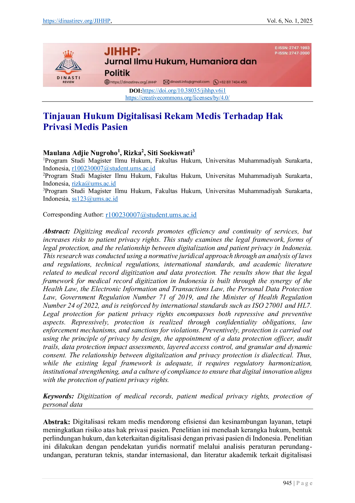 JURIS Tinjauan Hukum Digitalisasi Rekam Medis Terhadap Hak Privasi Medis Pasien