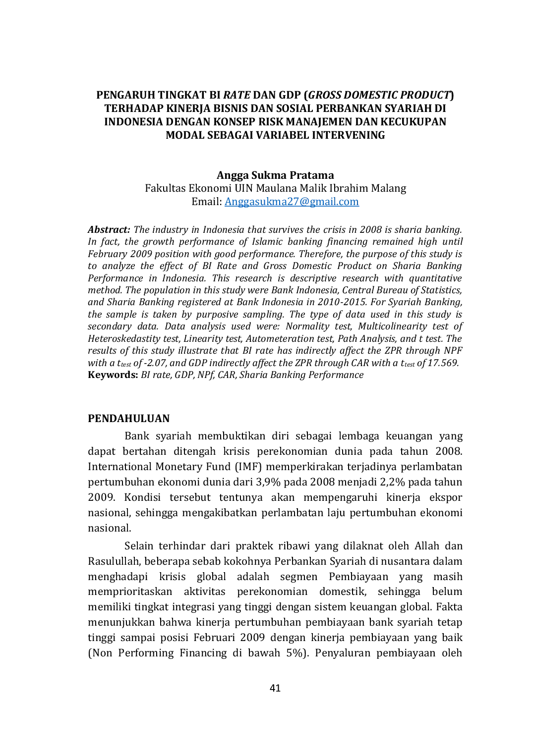 JURIS Pengaruh Tingkat BI Rate Dan GDP Gross Domestic Product Terhadap Kinerja Bisnis Dan Sosial Perbankan Syariah Di Indonesia Dengan Konsep Risk Manajemen Dan Kecukupan Modal Sebagai Variabel Intervenin