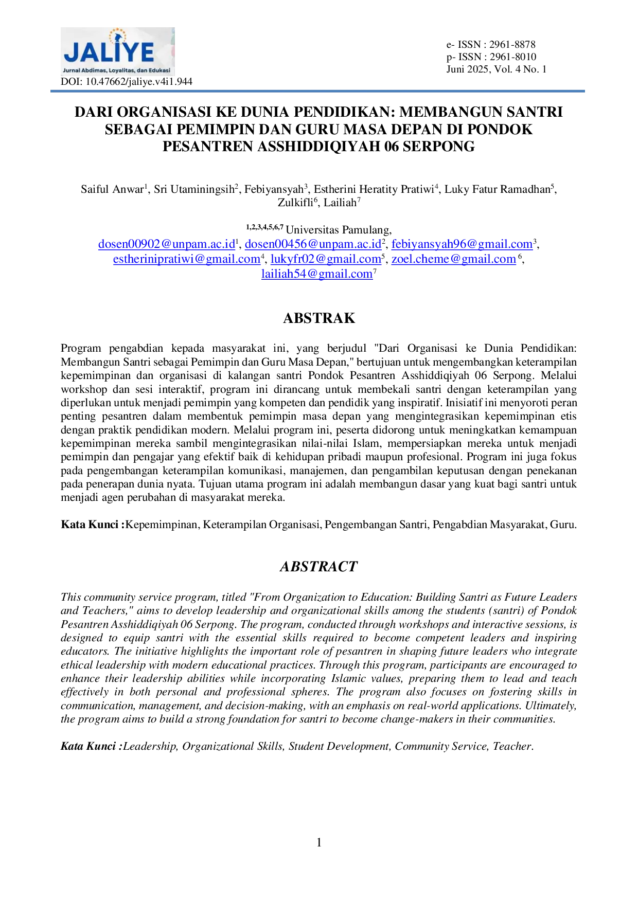 JURIS Dari Organisasi Ke Dunia Pendidikan Membangun Santri Sebagai Pemimpin Dan Guru Masa Depan Di Pondok Pesantren Asshiddiqiyah 06 Serpong