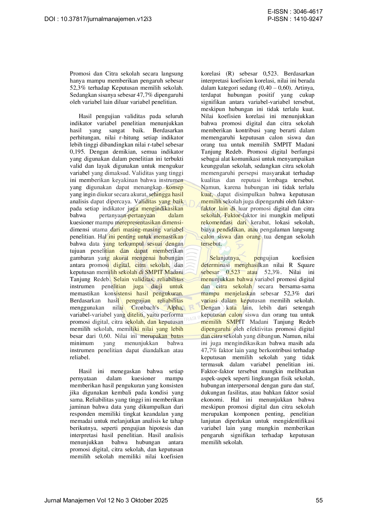 JURIS Pengaruh Promosi Digital dan Citra Sekolah Terhadap Keputusan Memilih Sekolah di SMPIT MADANI Tanjung Redeb