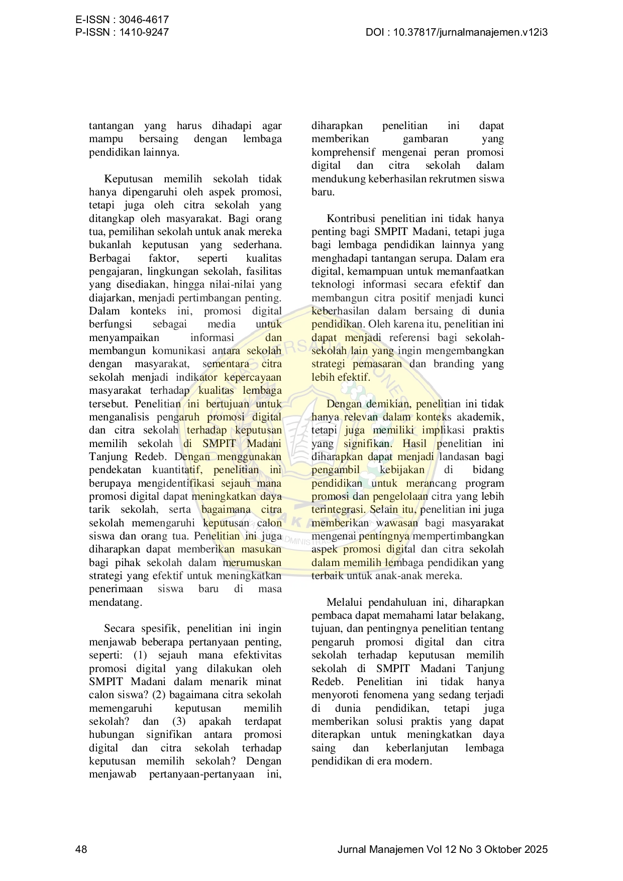 JURIS Pengaruh Promosi Digital dan Citra Sekolah Terhadap Keputusan Memilih Sekolah di SMPIT MADANI Tanjung Redeb