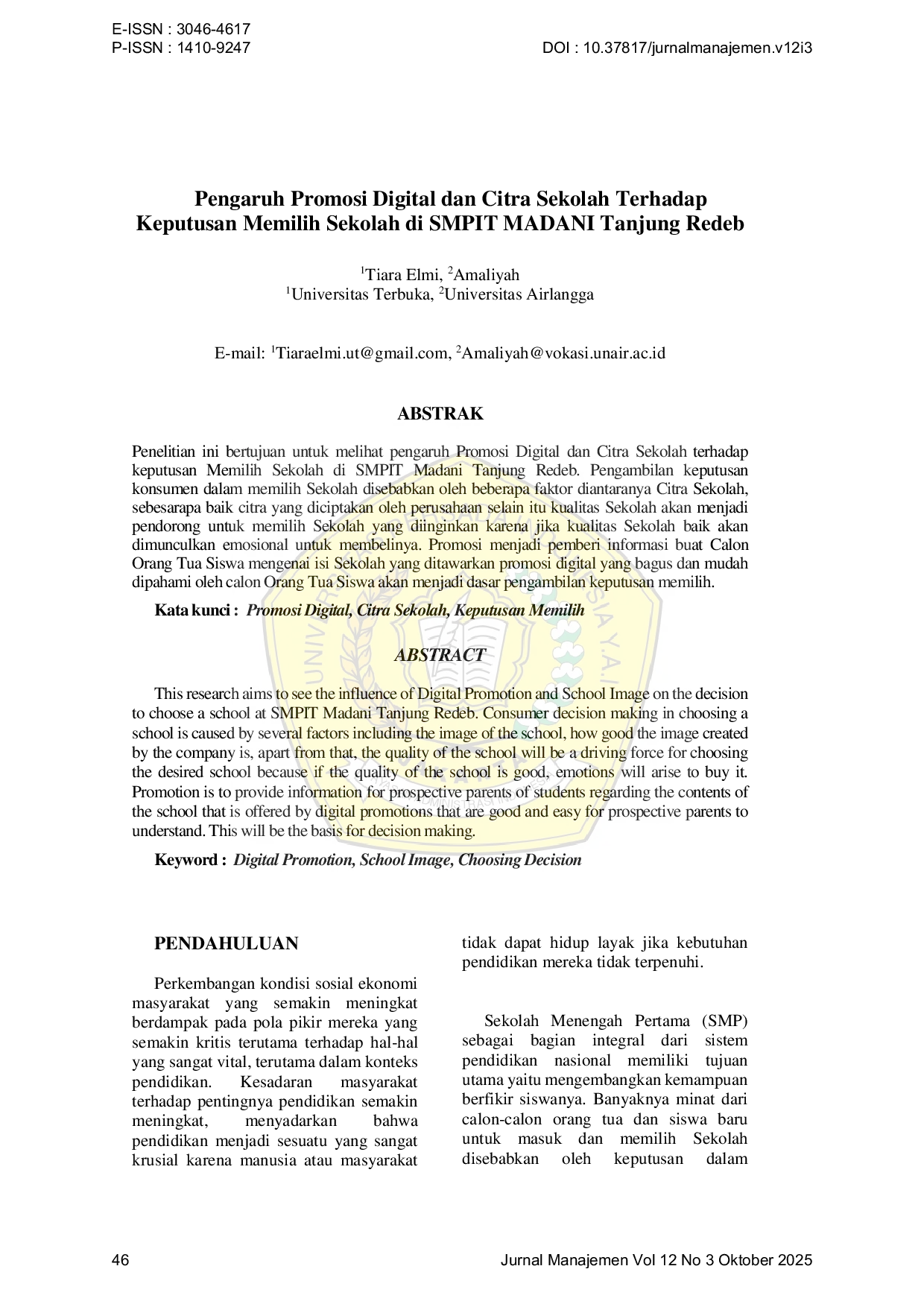 JURIS Pengaruh Promosi Digital dan Citra Sekolah Terhadap Keputusan Memilih Sekolah di SMPIT MADANI Tanjung Redeb