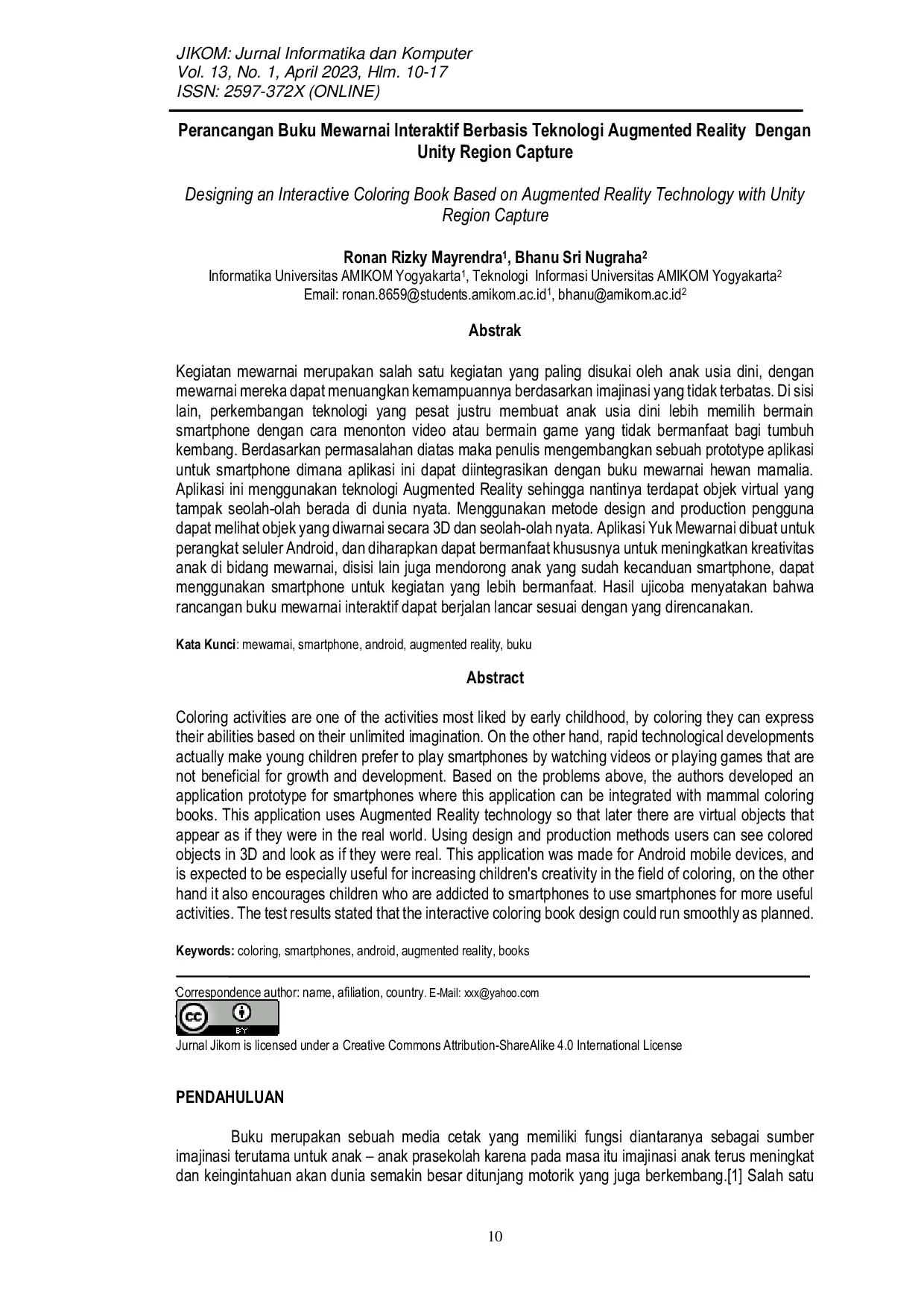 JURIS Perancangan Buku Mewarnai Interaktif Berbasis Teknologi Augmented Reality Dengan Unity Region Capture
