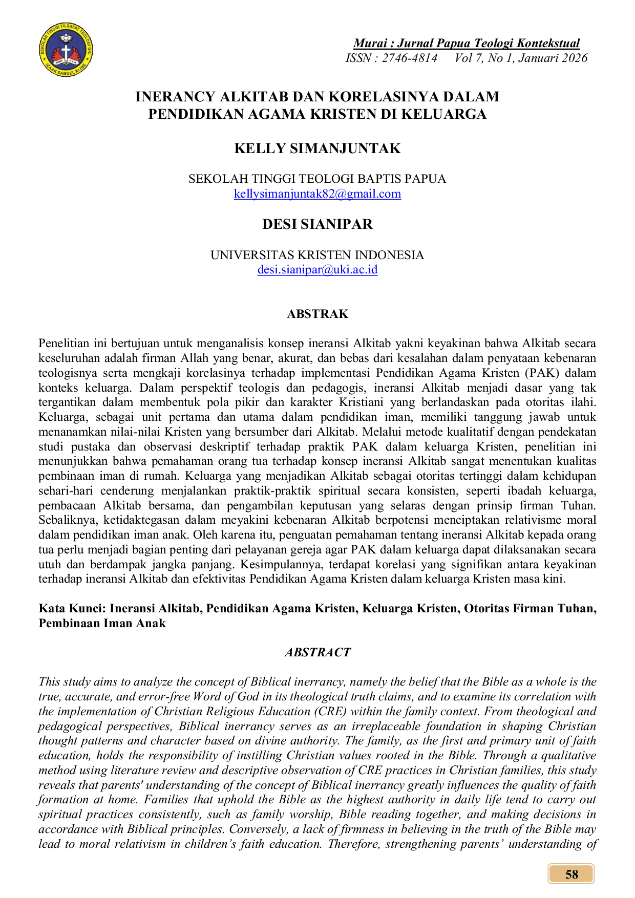 JURIS Ineransi Alkitab dan Korelasinya dalam Pendidikan Agama Kristen di Keluarga