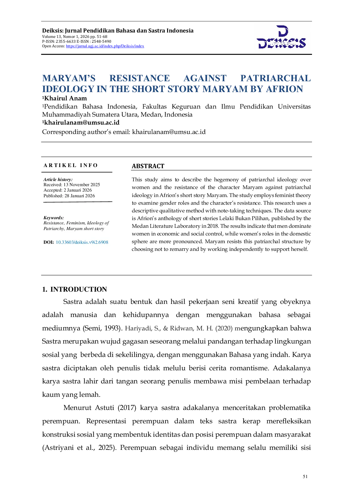 JURIS Maryam s Resistance Against Patriarchal Ideology in the Short Story Maryam by Afrion