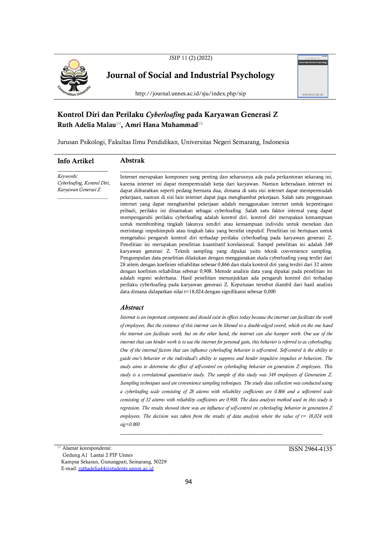 JURIS Kontrol Diri dan Perilaku Cyberloafing pada Karyawan Generasi Z