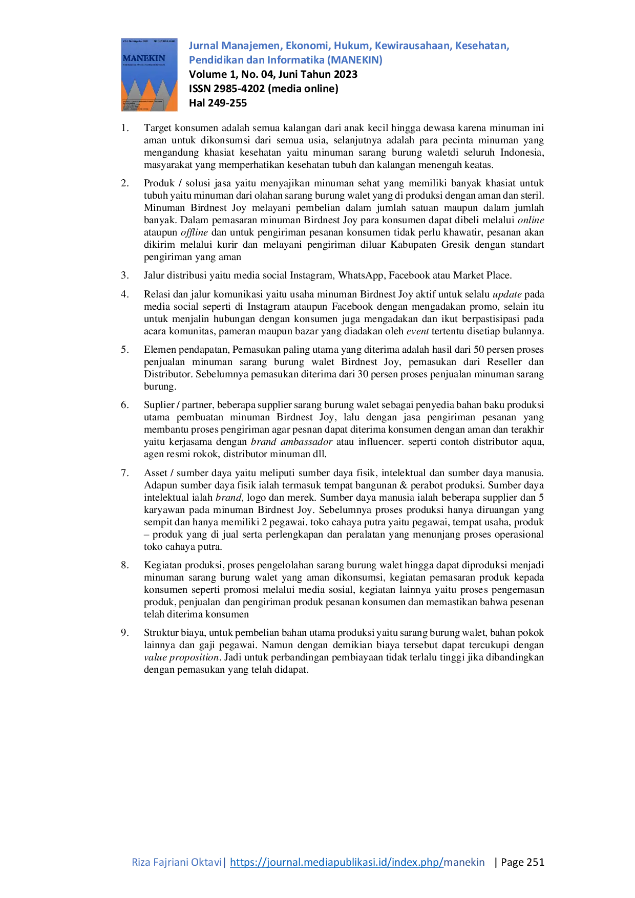 JURIS Penerapan Inovasi Bisnis Model Canvas Pada Usaha Minuman Sarang Burung Walet Birdnest Joy