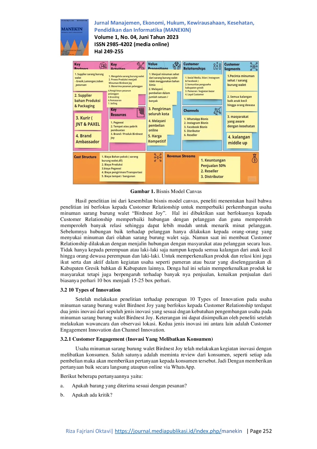 JURIS Penerapan Inovasi Bisnis Model Canvas Pada Usaha Minuman Sarang Burung Walet Birdnest Joy