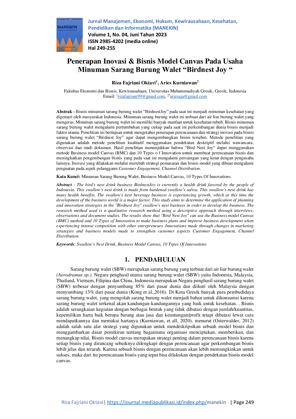 JURIS Penerapan Inovasi Bisnis Model Canvas Pada Usaha Minuman Sarang Burung Walet Birdnest Joy