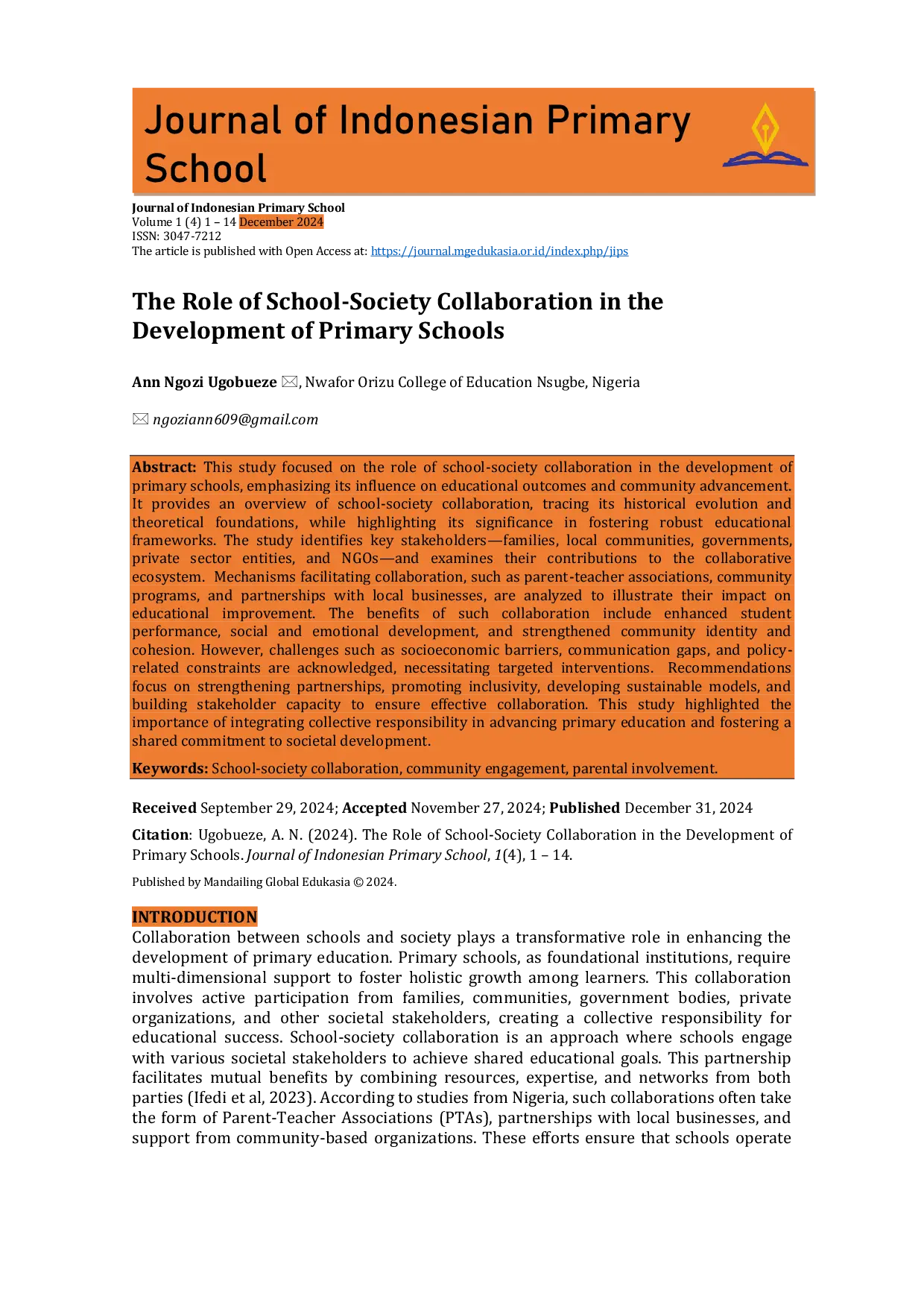 JURIS The Role of School Society Collaboration in the Development of Primary Schools