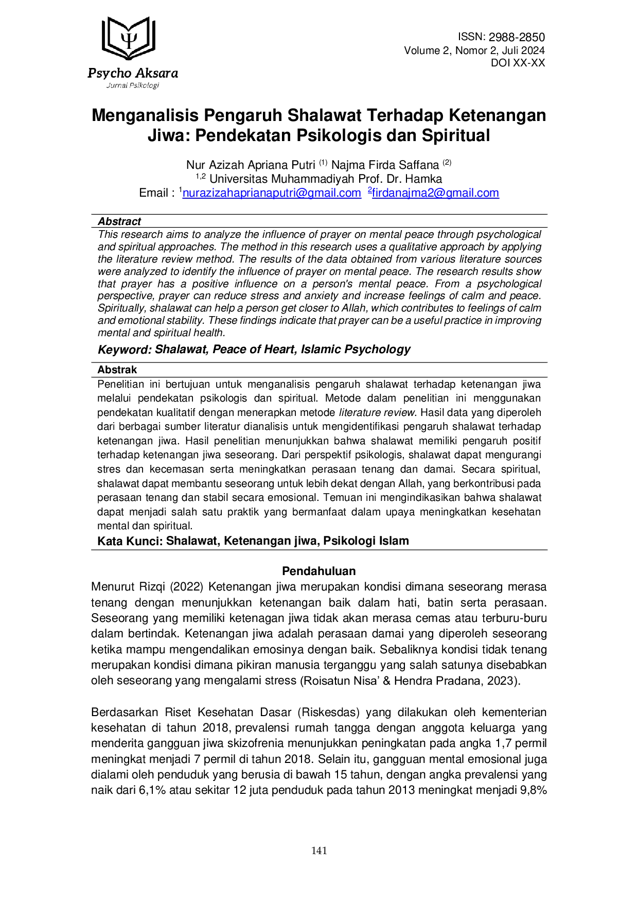 JURIS Menganalisis Pengaruh Shalawat Terhadap Ketenangan Jiwa Pendekatan Psikologis dan Spiritual