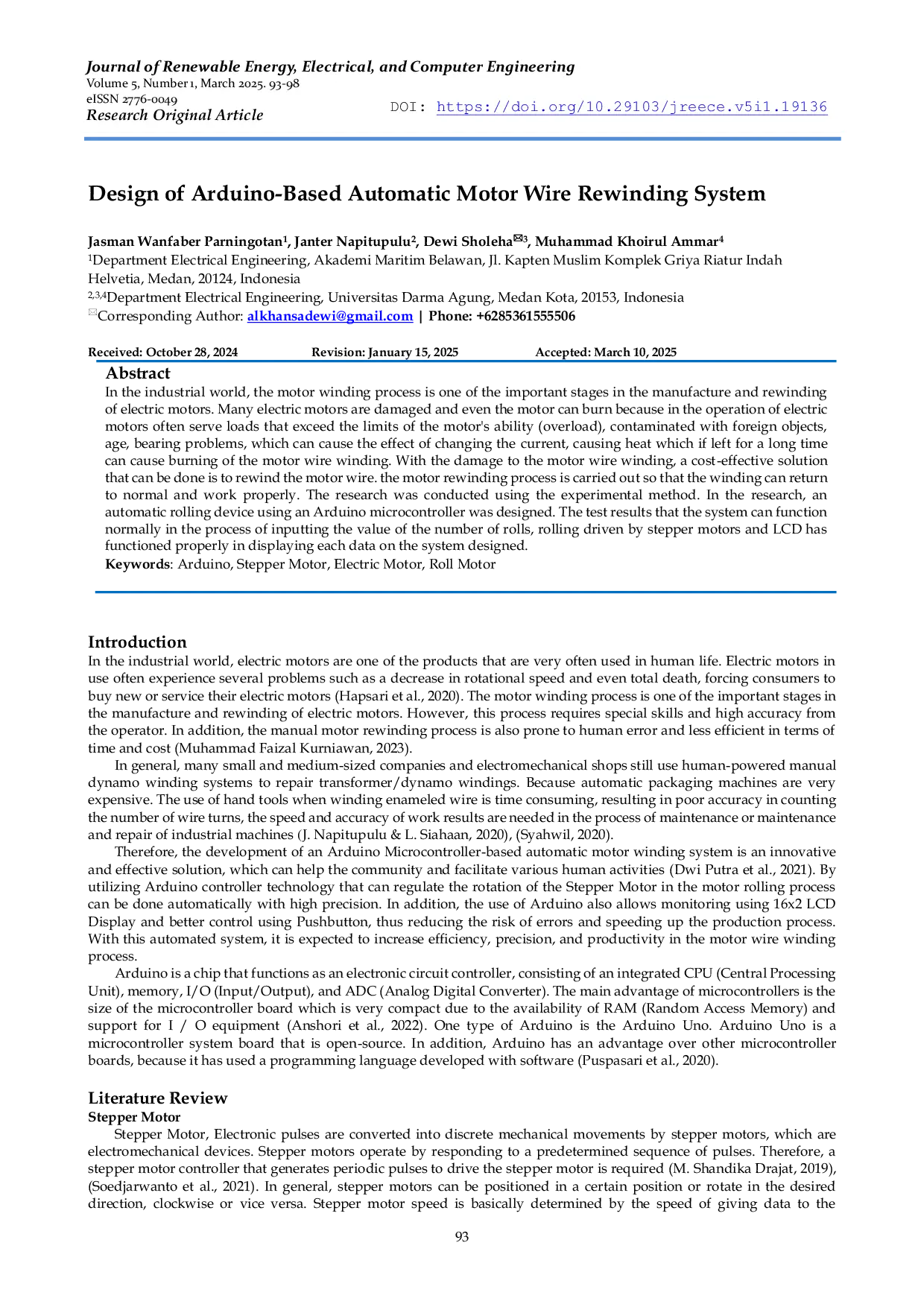 JURIS Design of Arduino Based Automatic Motor Wire Rewinding System