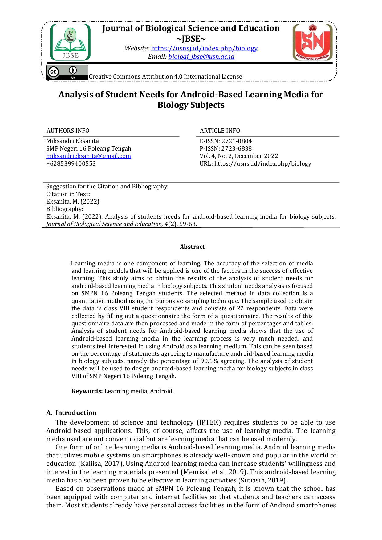 JURIS Analysis of Student Needs for Android Based Learning Media for Biology Subjects