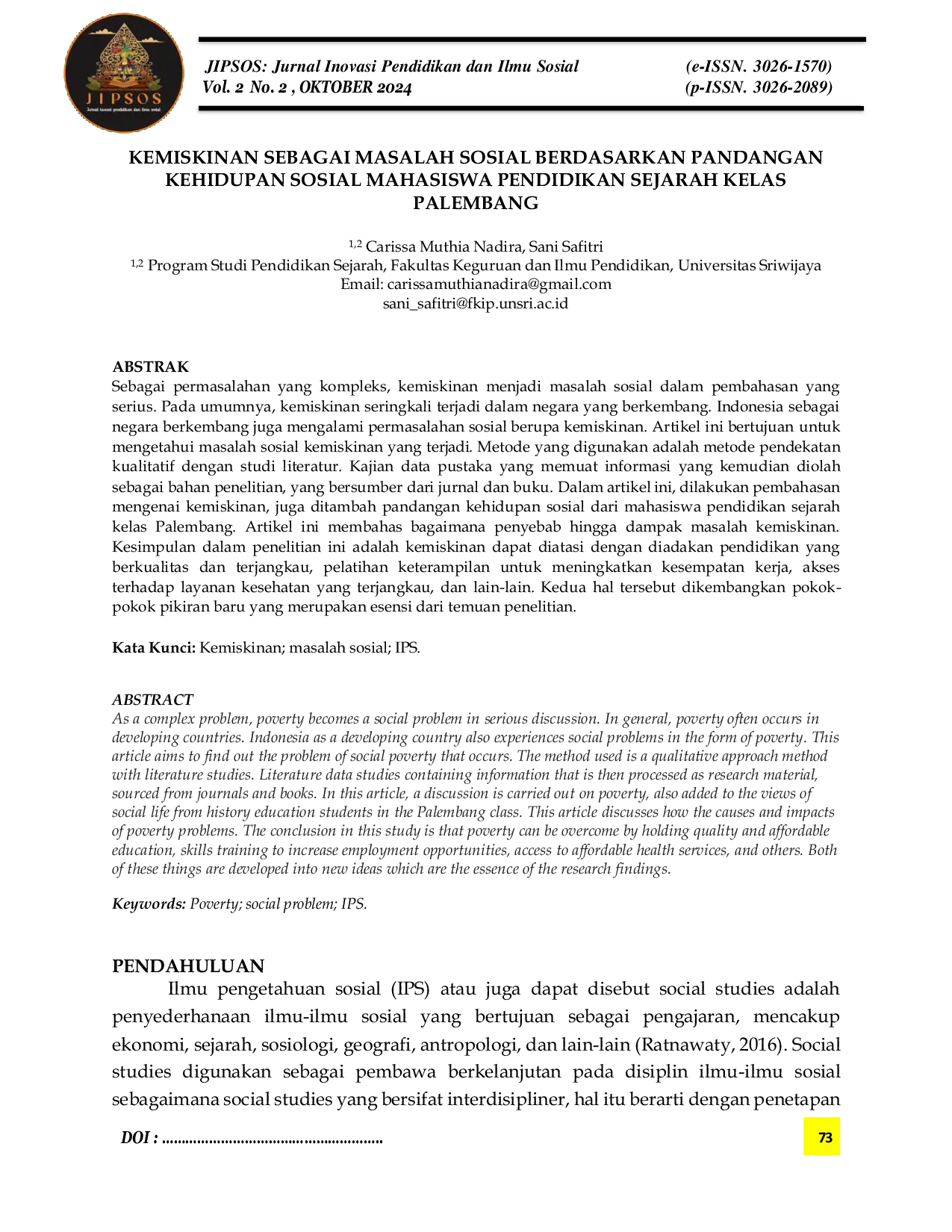JURIS Kemiskinan Sebagai Masalah Sosial Berdasarkan Pandangan Kehidupan Sosial Mahasiswa Pendidikan Sejarah Kelas Palembang