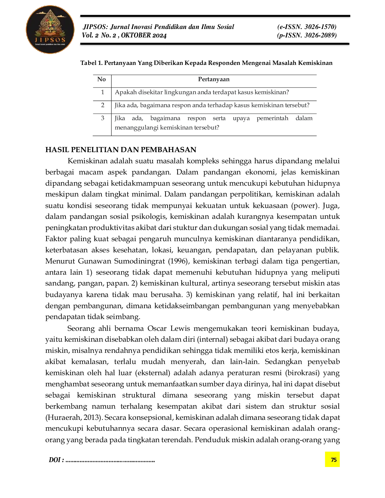 JURIS Kemiskinan Sebagai Masalah Sosial Berdasarkan Pandangan Kehidupan Sosial Mahasiswa Pendidikan Sejarah Kelas Palembang