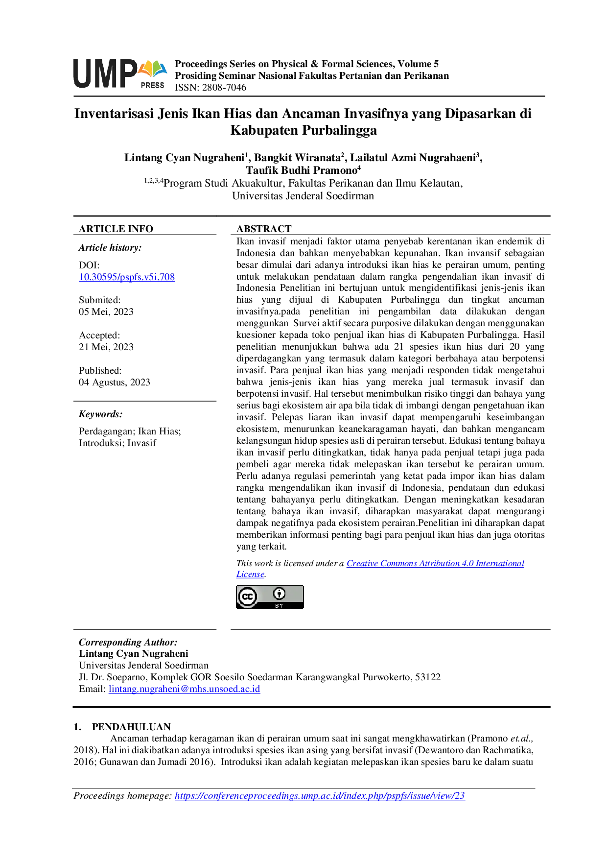 JURIS Inventarisasi Jenis Ikan Hias dan Ancaman Invasifnya yang Dipasarkan di Kabupaten Purbalingga
