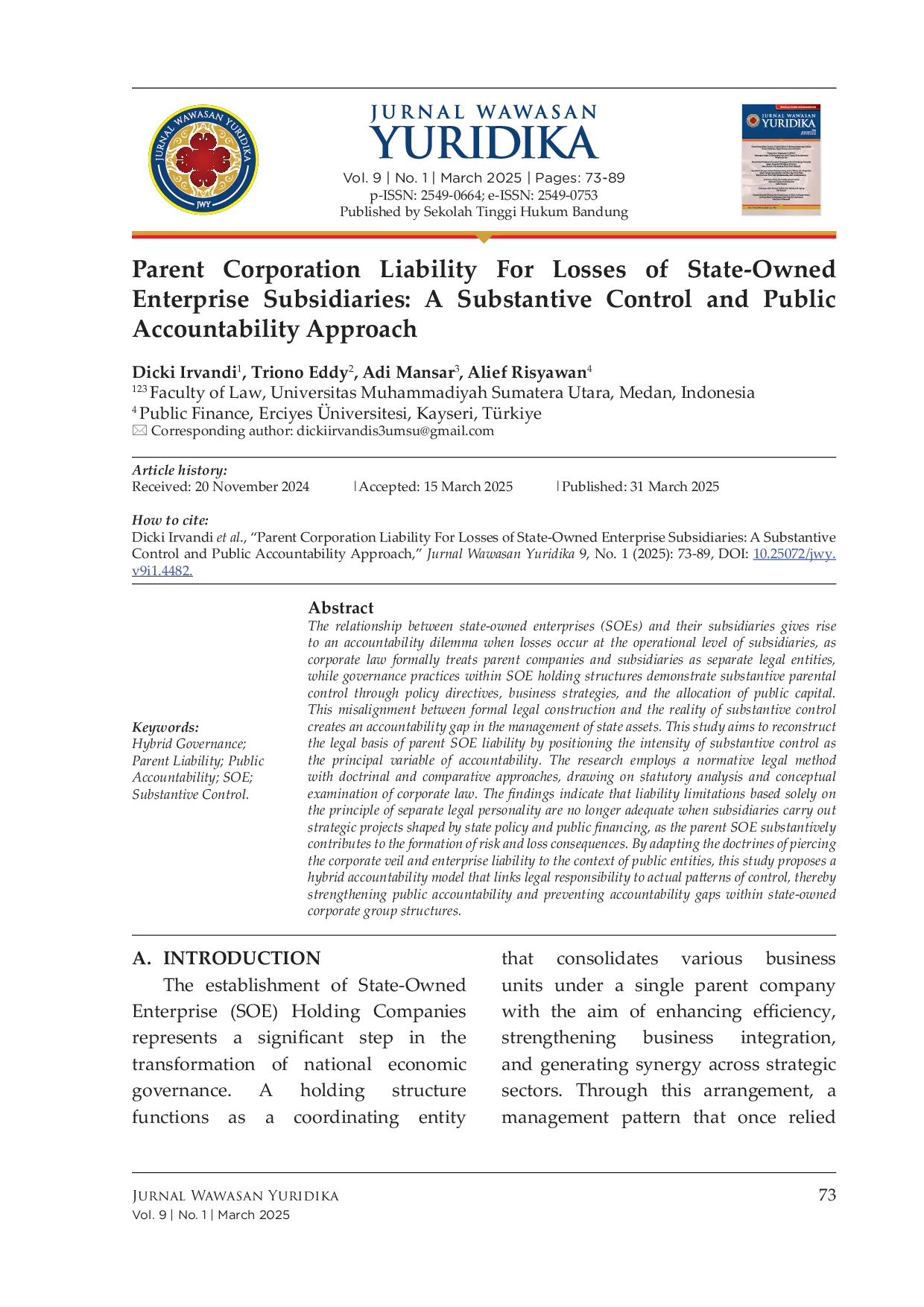JURIS Parent Corporation Liability For Losses of State Owned Enterprise Subsidiaries A Substantive Control and Public Accountability Approach
