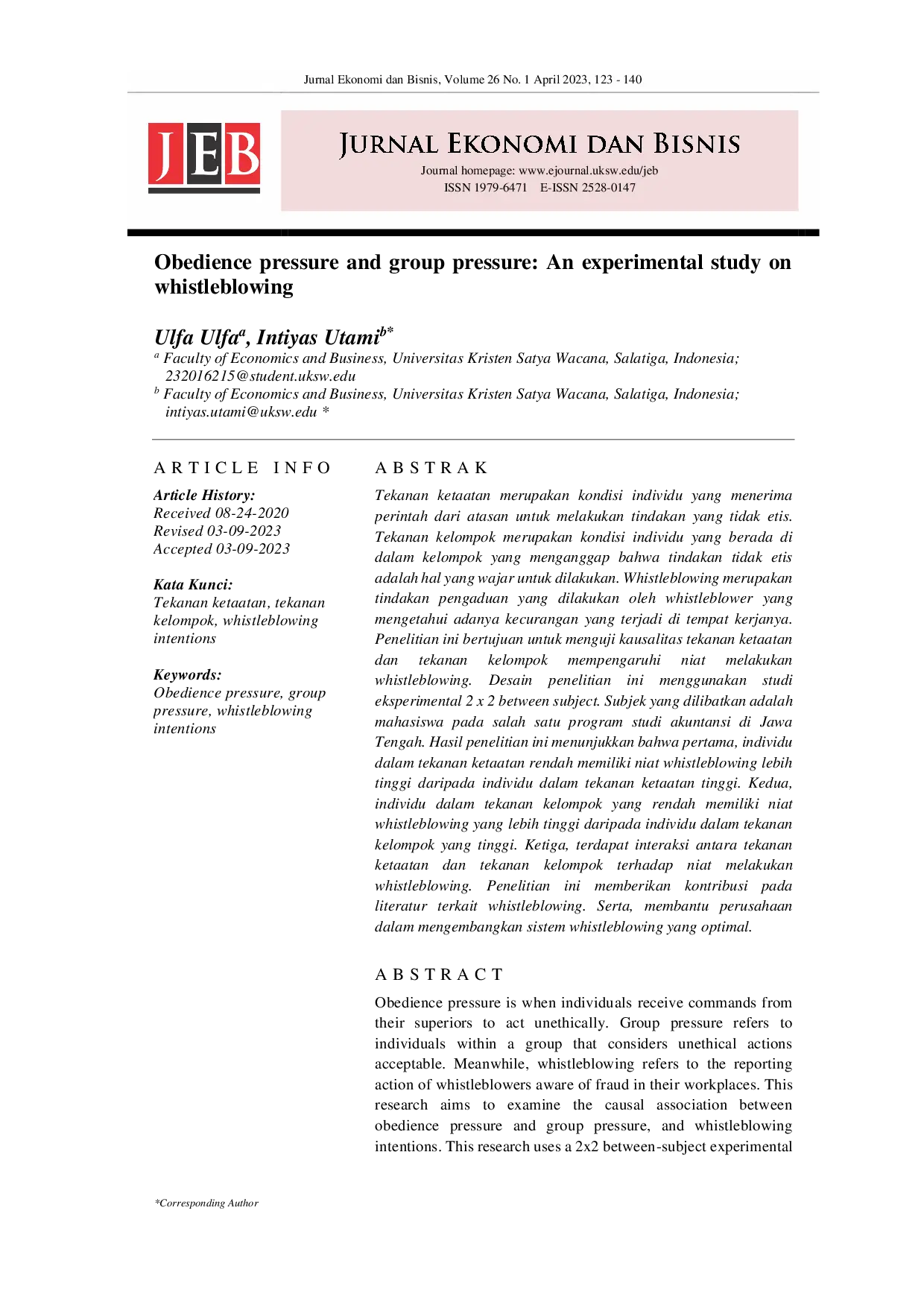 juris Obedience pressure and group pressure An experimental study on whistleblowing