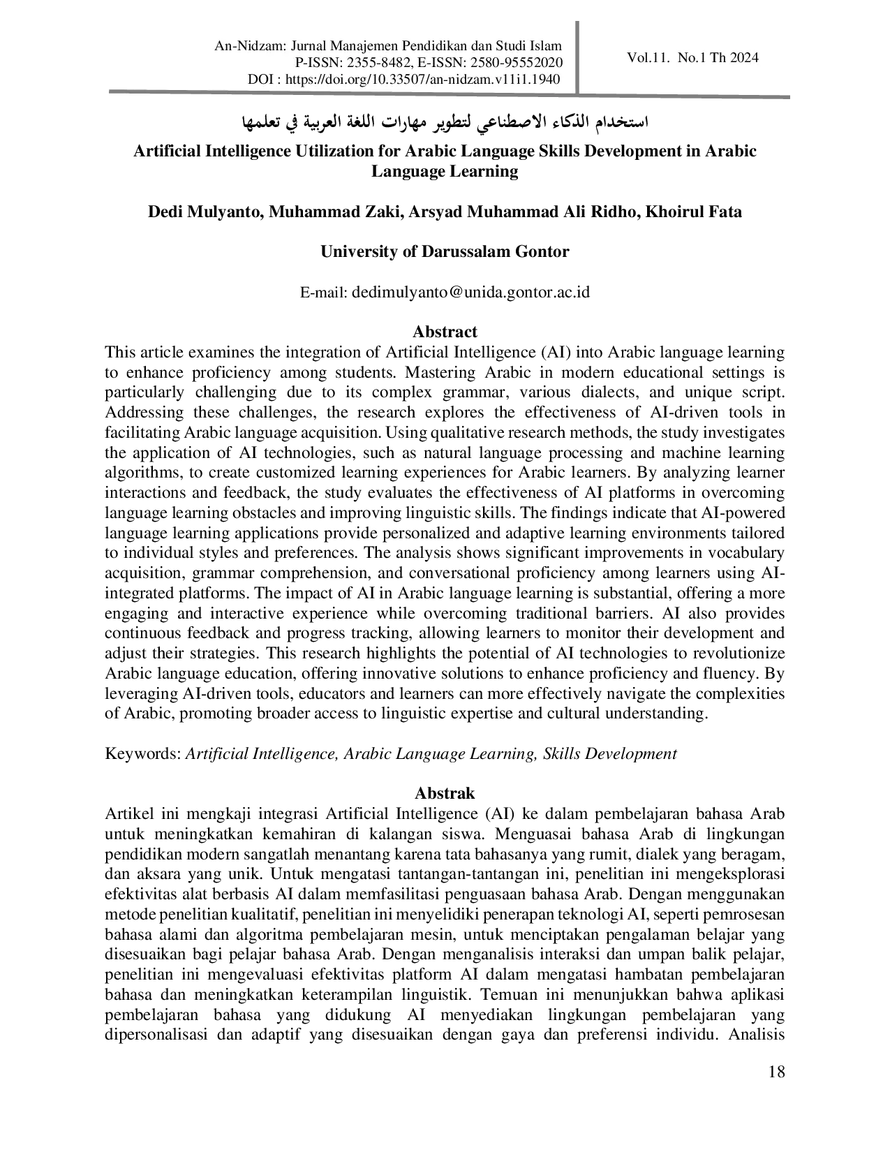 JURIS Artificial Intelligence Utilization for Arabic Language Skills Development in Arabic Language Learning